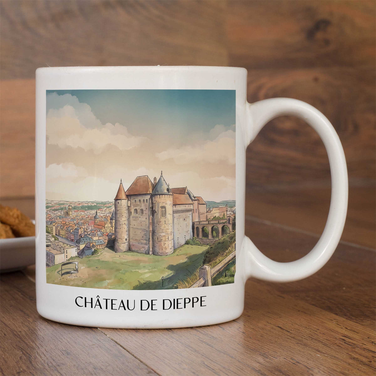 château-de-dieppe-côte-d'albâtre-frankreich-kaffeebecher-aquarell