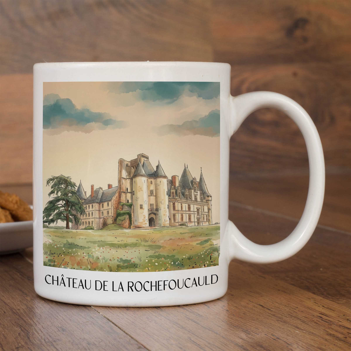 château-de-la-rochefoucauld-charente-frankreich-kaffeebecher-aquarell