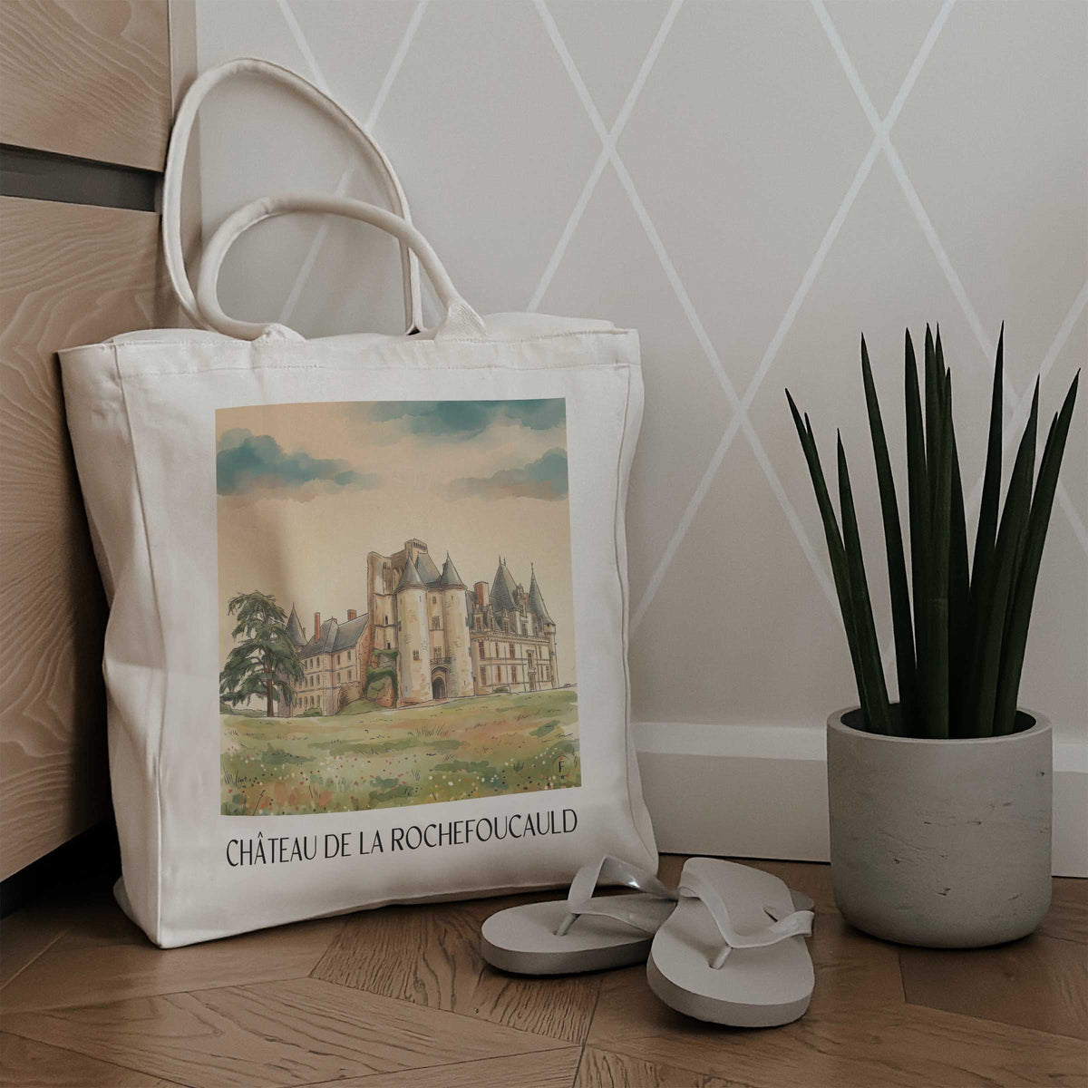 château-de-la-rochefoucauld-charente-frankreich-einkaufstasche-aquarell