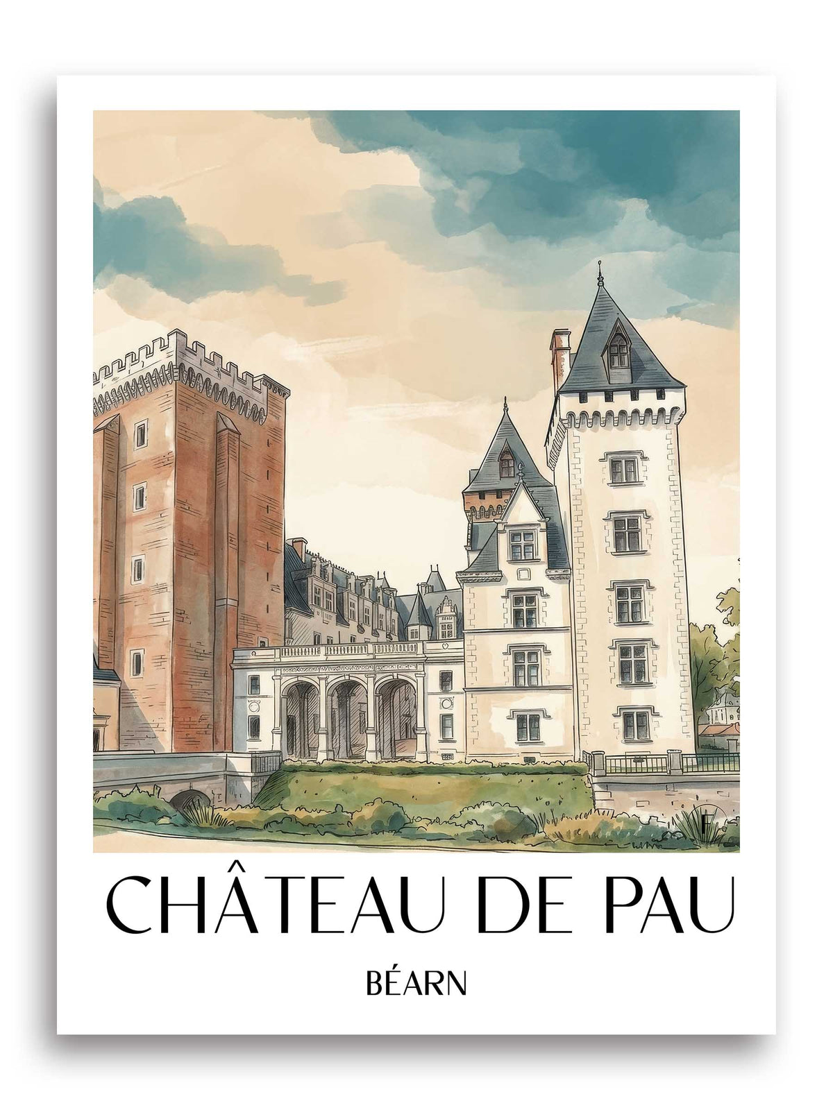 château-de-pau-béarn-frankreich-poster-aquarell