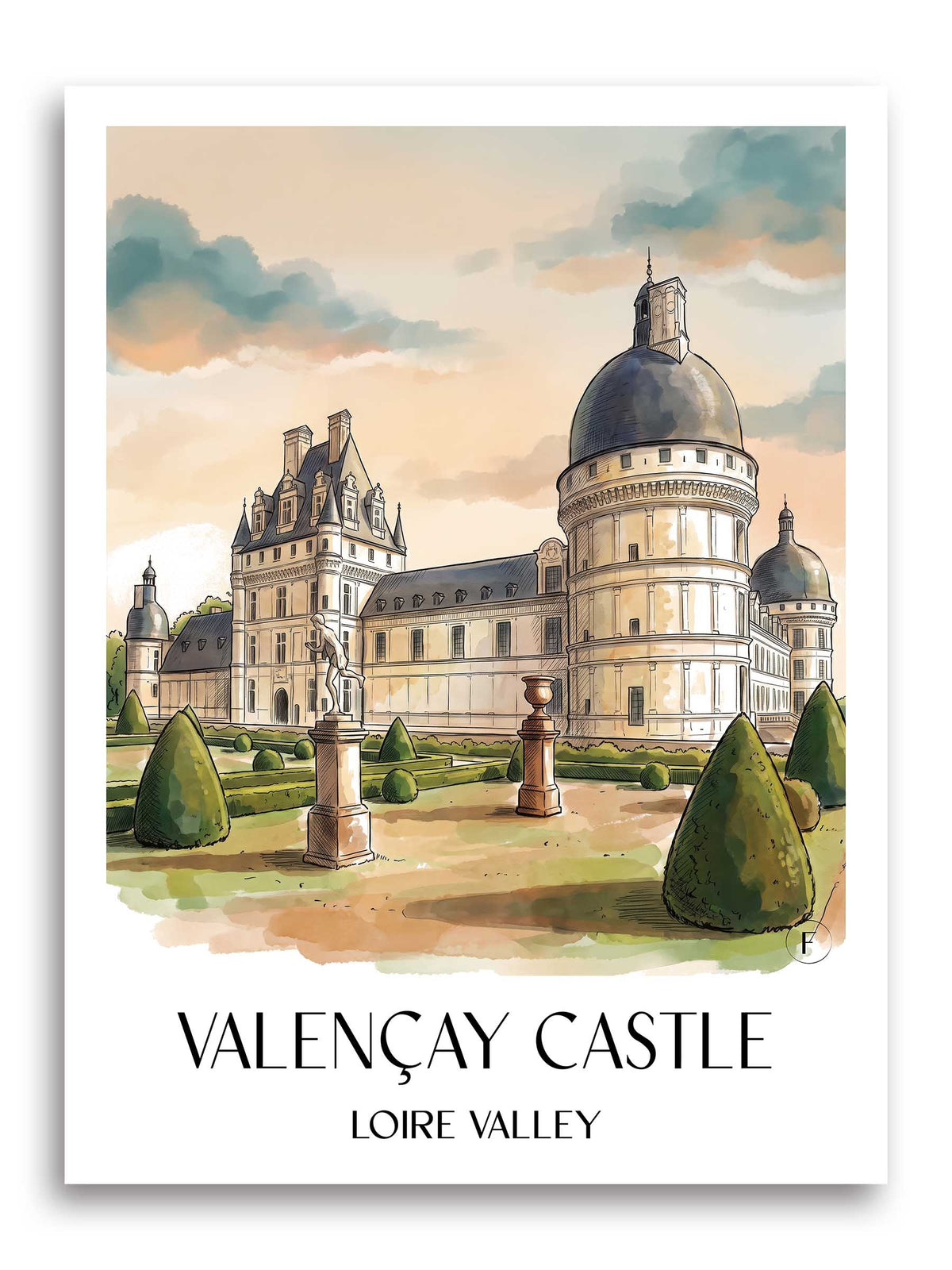 Château de Valençay Poster - Val de Loire - Frankreich Kunstdruck - Aquarell von A4 bis A1