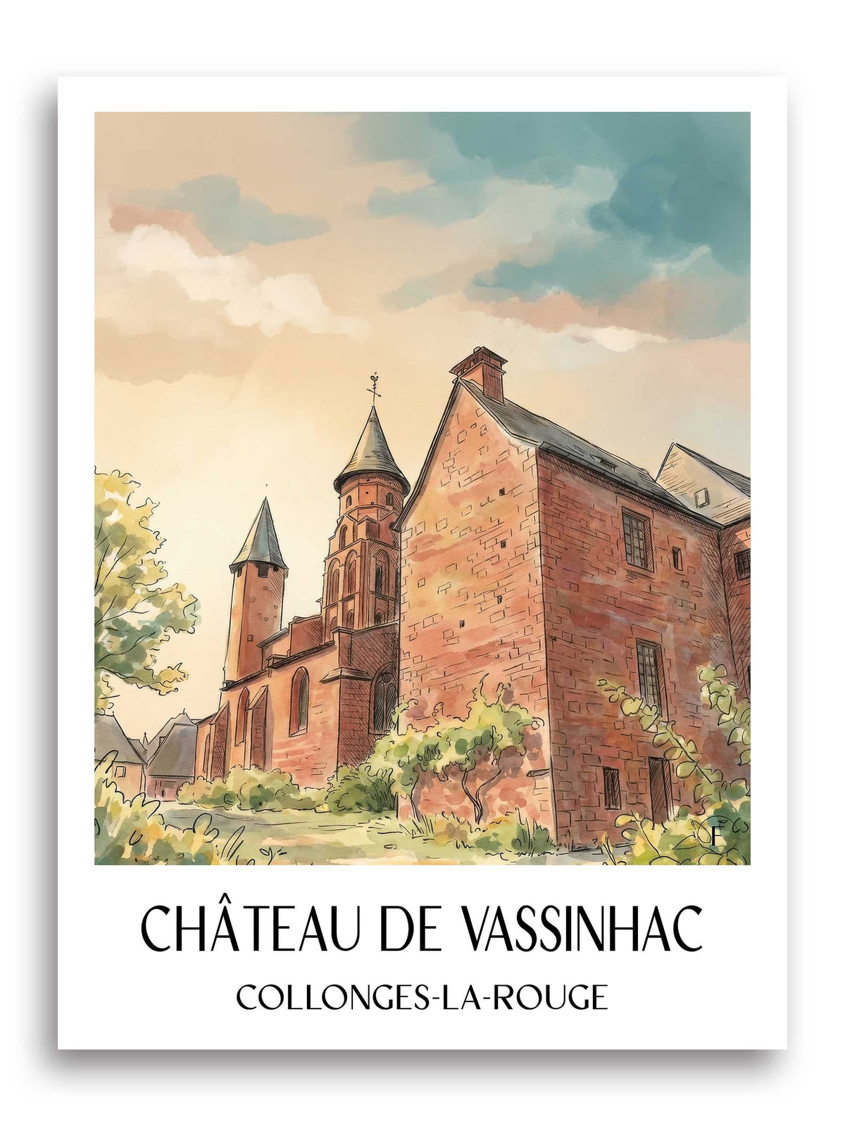 château-de-vassinhac-collonges-la-rouge-frankreich-poster-aquarell