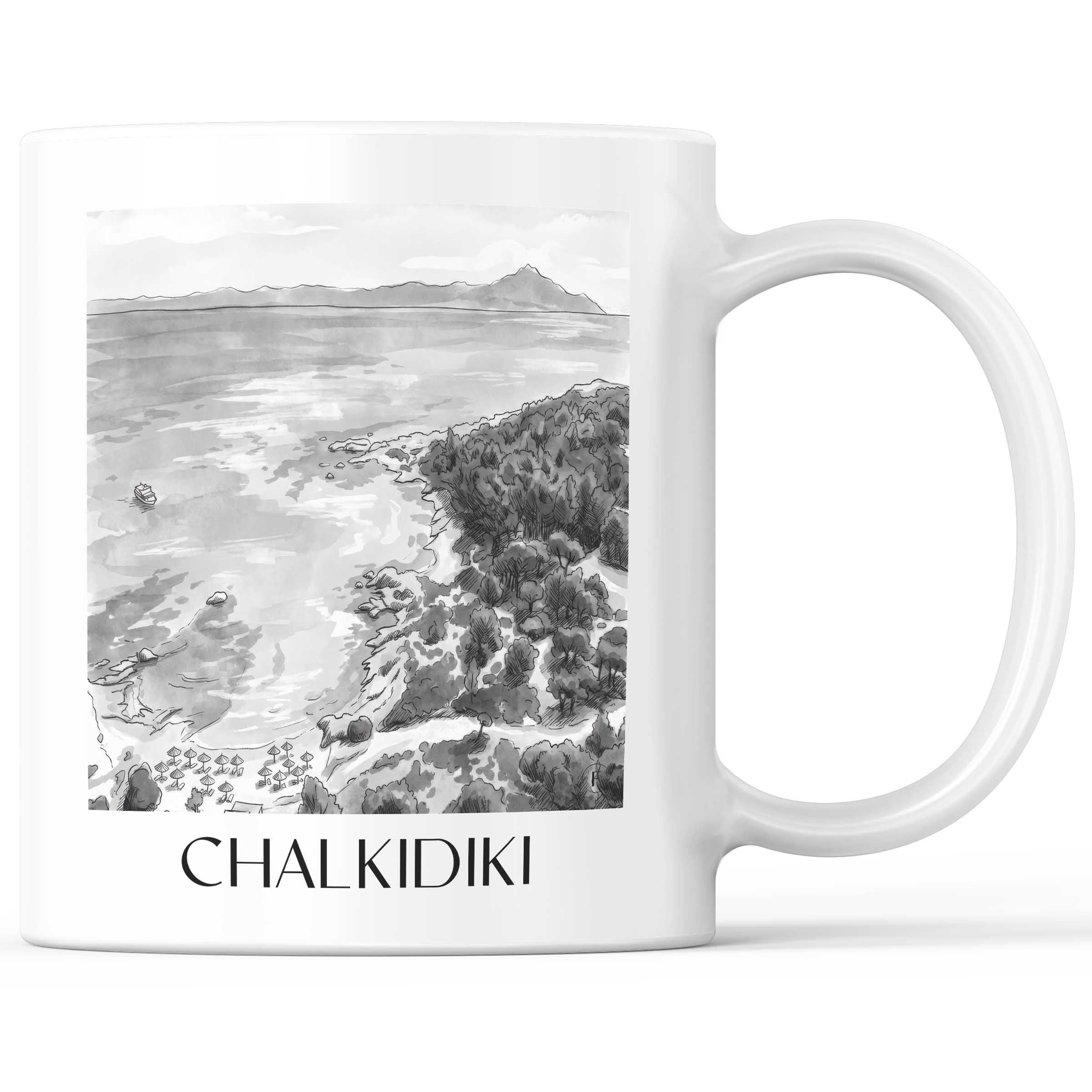 Chalkidiki - Griechenland Becher - Kaffeetasse im Aquarell Schwarz-Weiß Stil - favplace