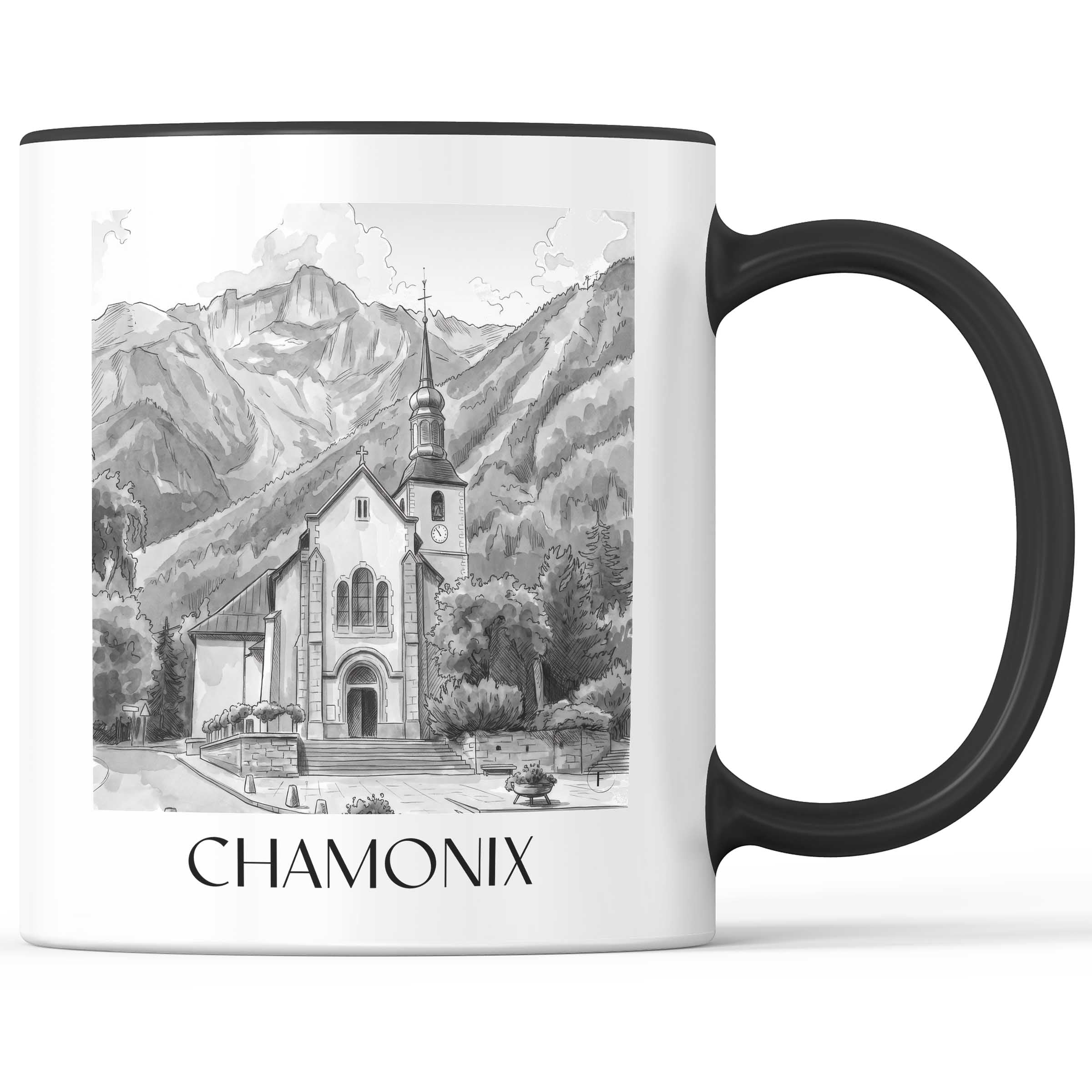 Chamonix - Frankreich Becher - Kaffeetasse im Aquarell Schwarz-Weiß Stil - favplace