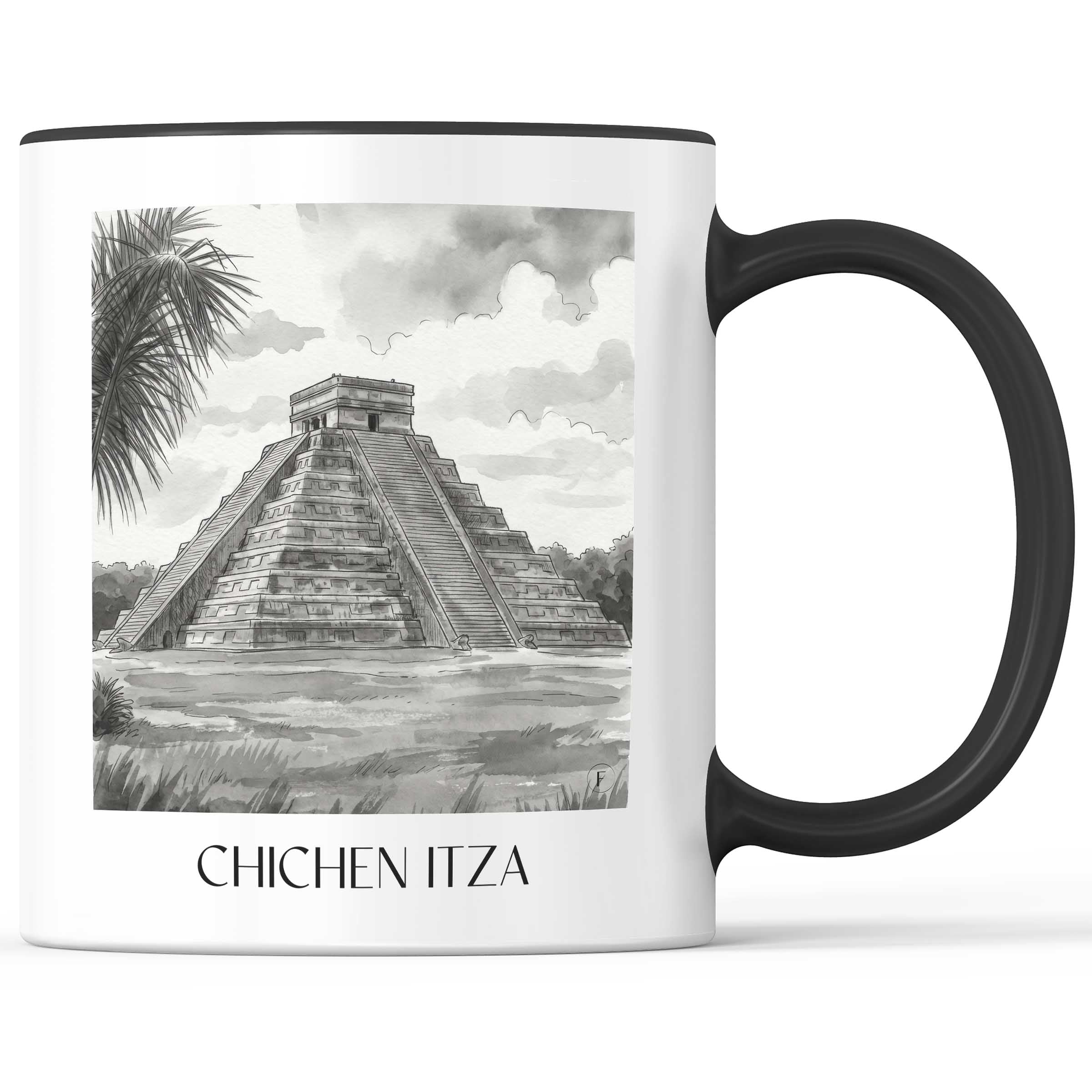 Chichén Itzá - Mexiko Becher - Kaffeetasse im Aquarell Schwarz-Weiß Stil - favplace