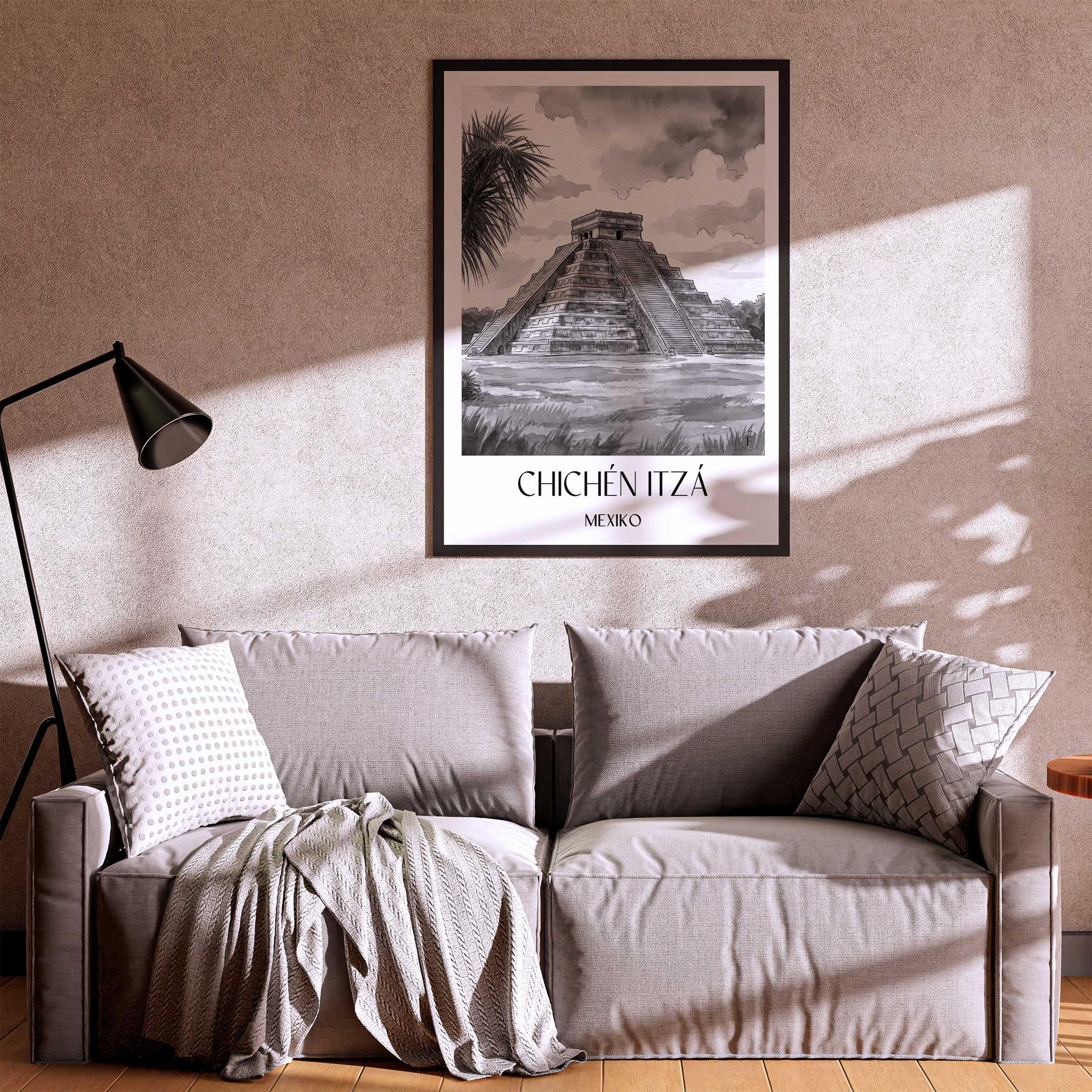 chichén-itzá-mexiko-poster-aquarell-schwarz-weiss