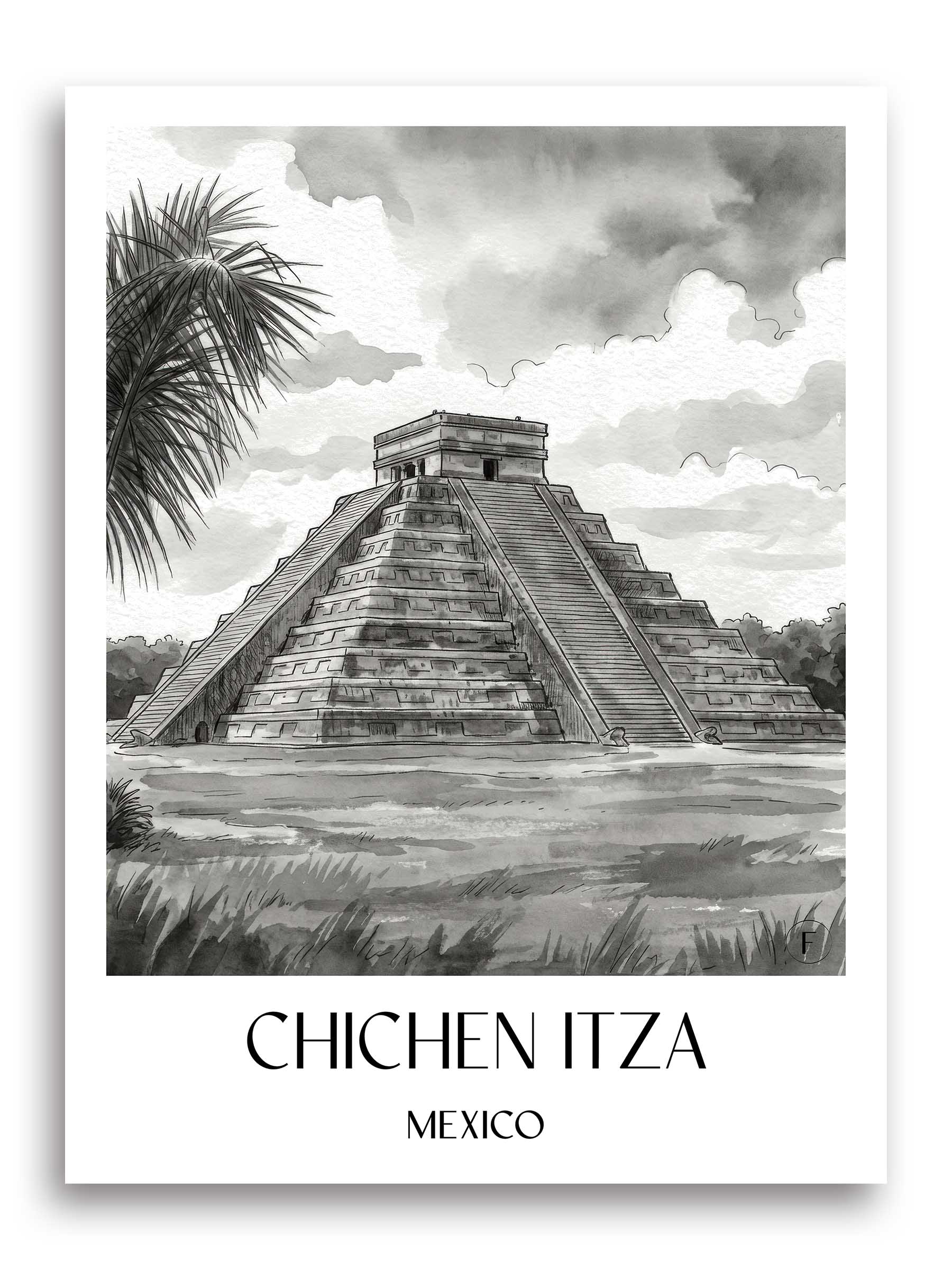 Chichén Itzá Poster - - Mexiko Kunstdruck - Aquarell Schwarz-Weiß von A4 bis A1 - favplace