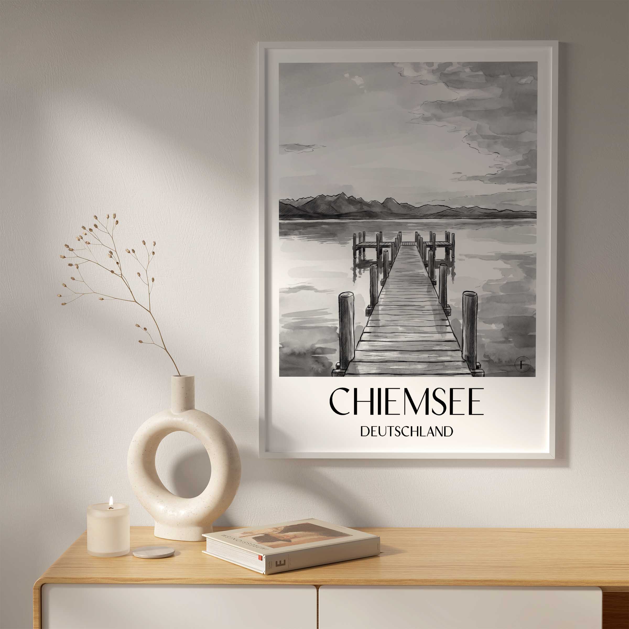 chiemsee-deutschland-poster-aquarell-schwarz-weiss