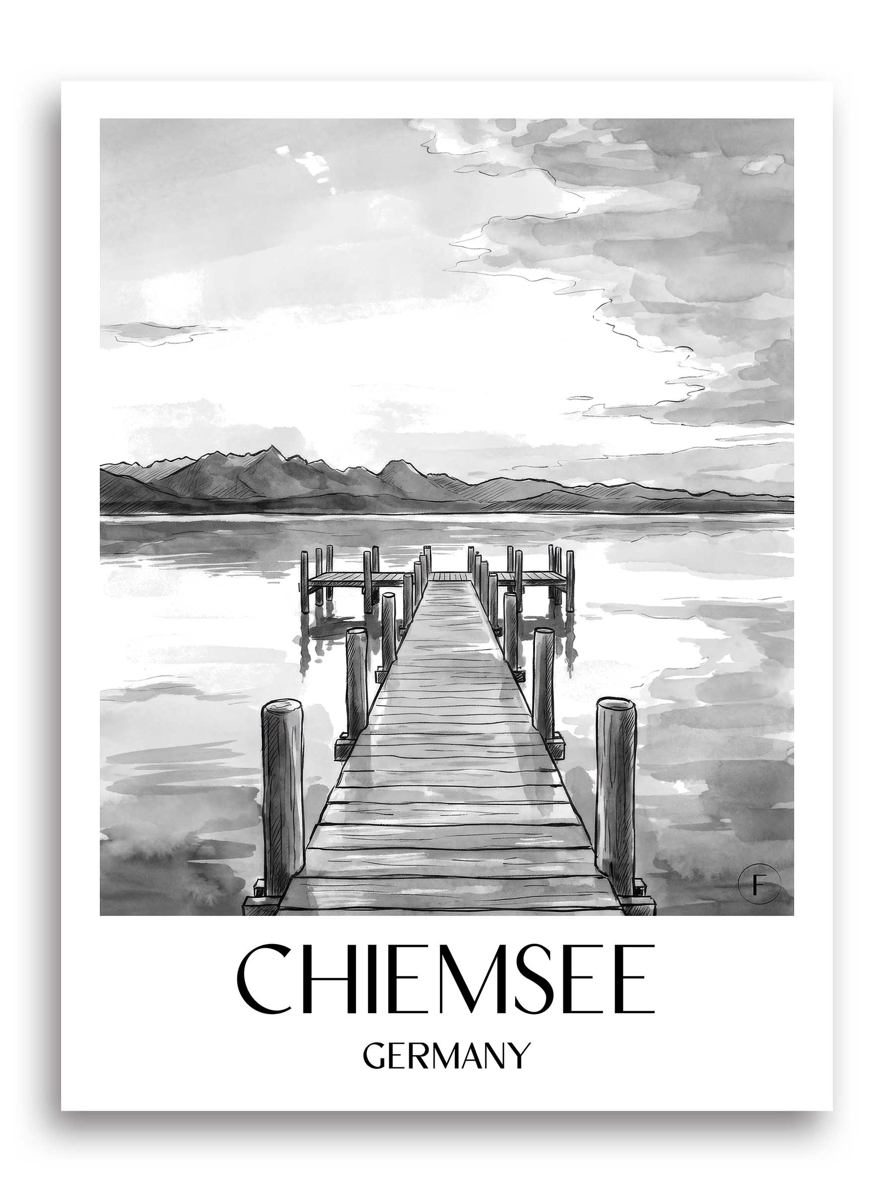 Chiemsee Poster - - Deutschland Kunstdruck - Aquarell Schwarz-Weiß von A4 bis A1 - favplace