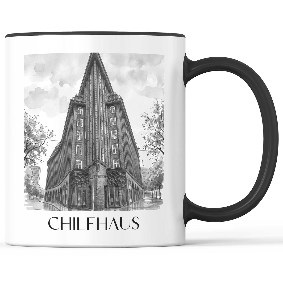 chilehaus-hamburg-deutschland-kaffeebecher-aquarell-schwarz-weiss
