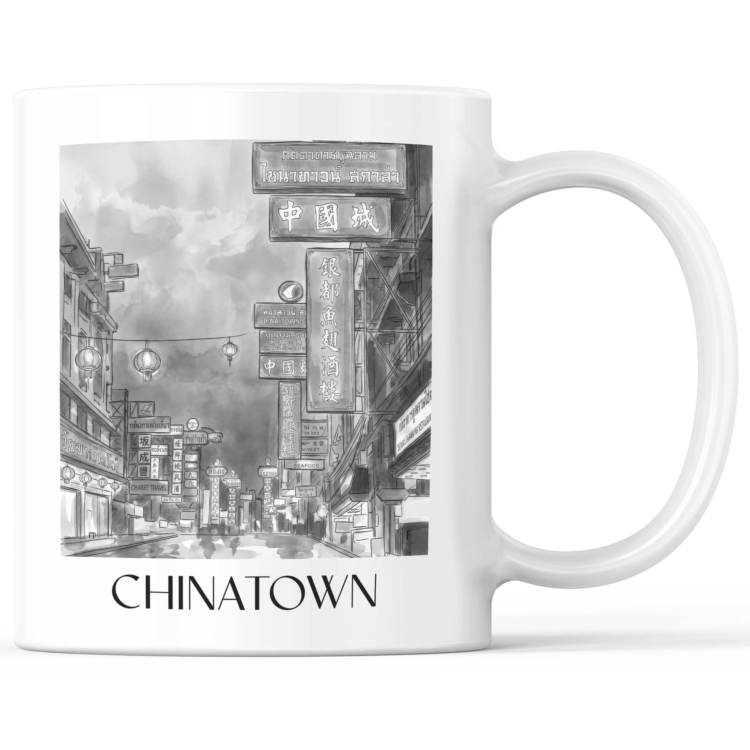 Chinatown Kaffeebecher - Bangkok - Thailand Becher - Kaffeetasse im Aquarell Schwarz-Weiß Stil - favplace