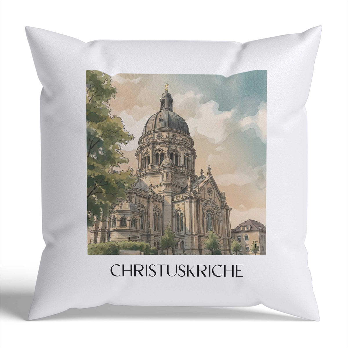 christuskriche-mainz-deutschland-kissenbezug-aquarell