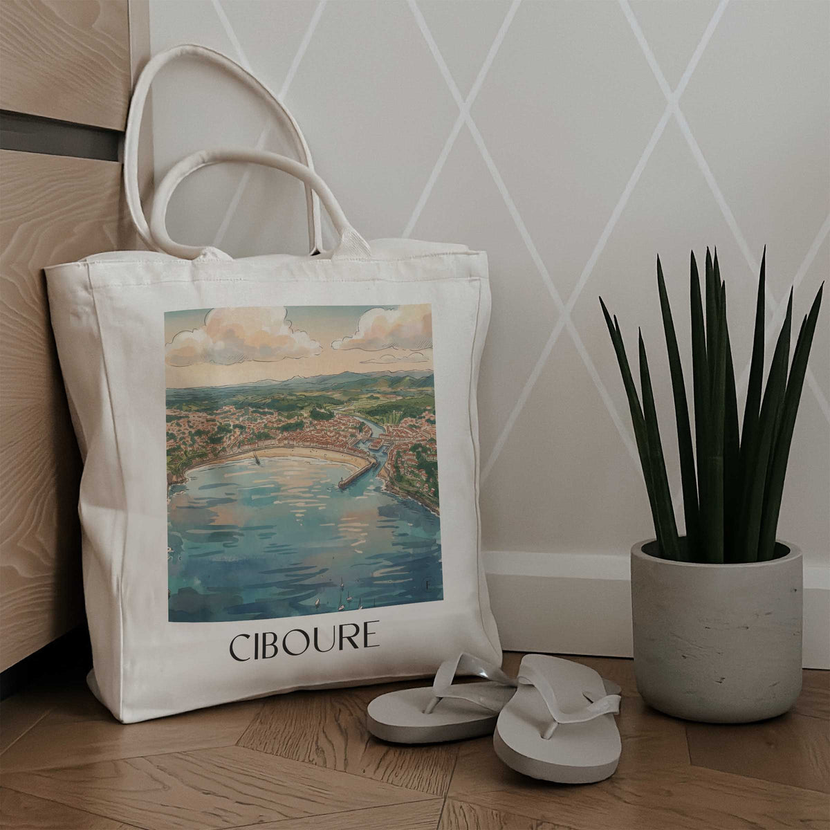 ciboure-pays-basque-frankreich-einkaufstasche-aquarell