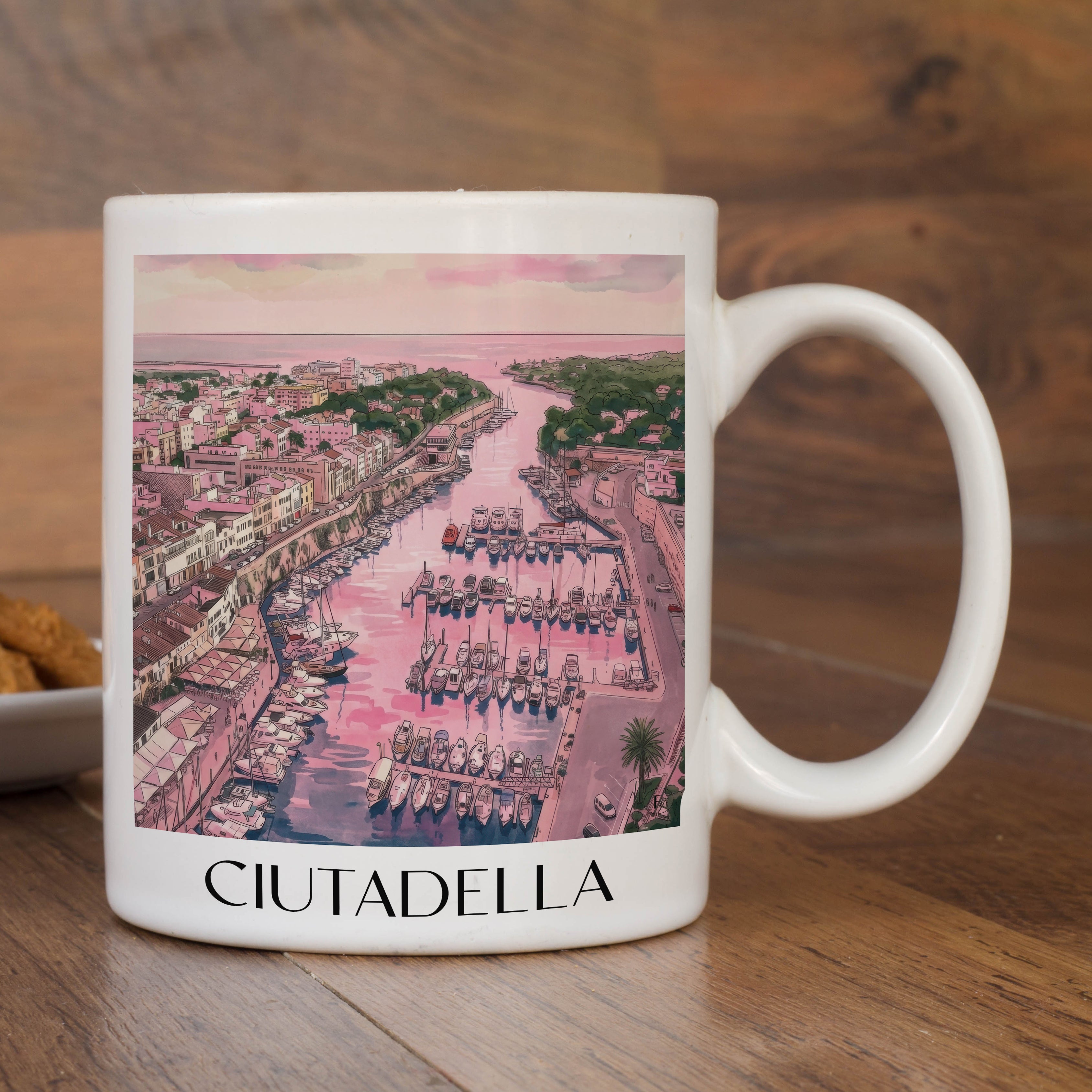 ciutadella-menorca-spanien-kaffeebecher-aquarell-pink-rosa