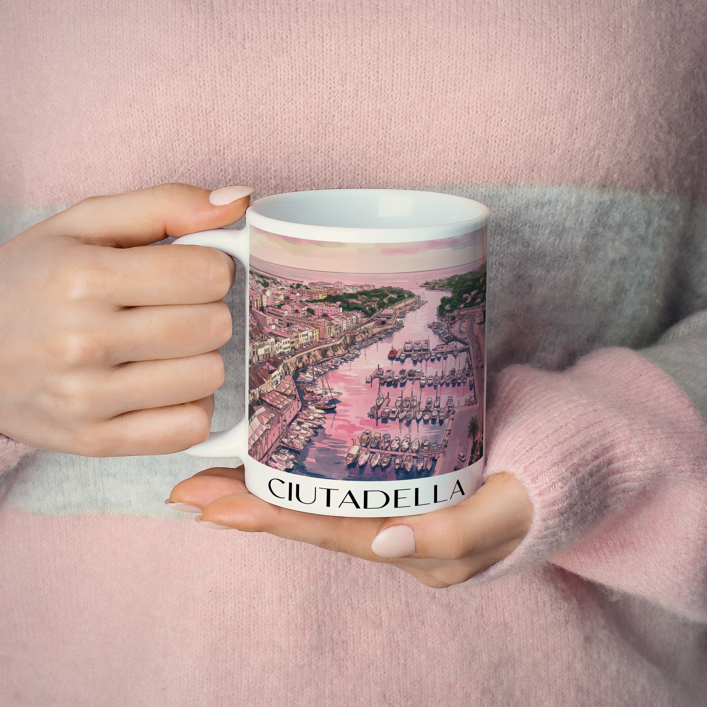 ciutadella-menorca-spanien-kaffeebecher-aquarell-pink-rosa