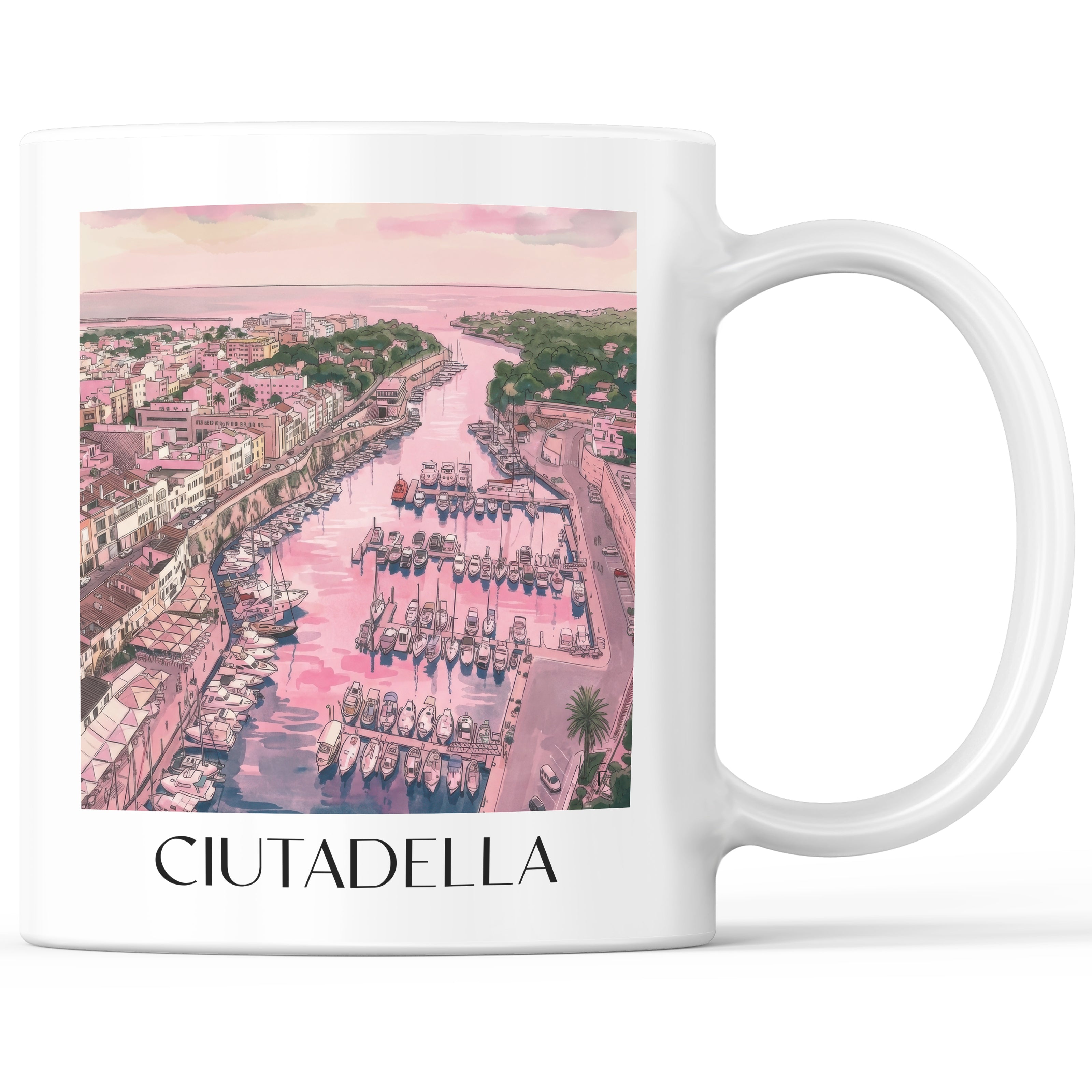 Ciutadella Kaffeebecher - Menorca - Spanien Becher - Kaffeetasse im Aquarell Pink Stil - favplace