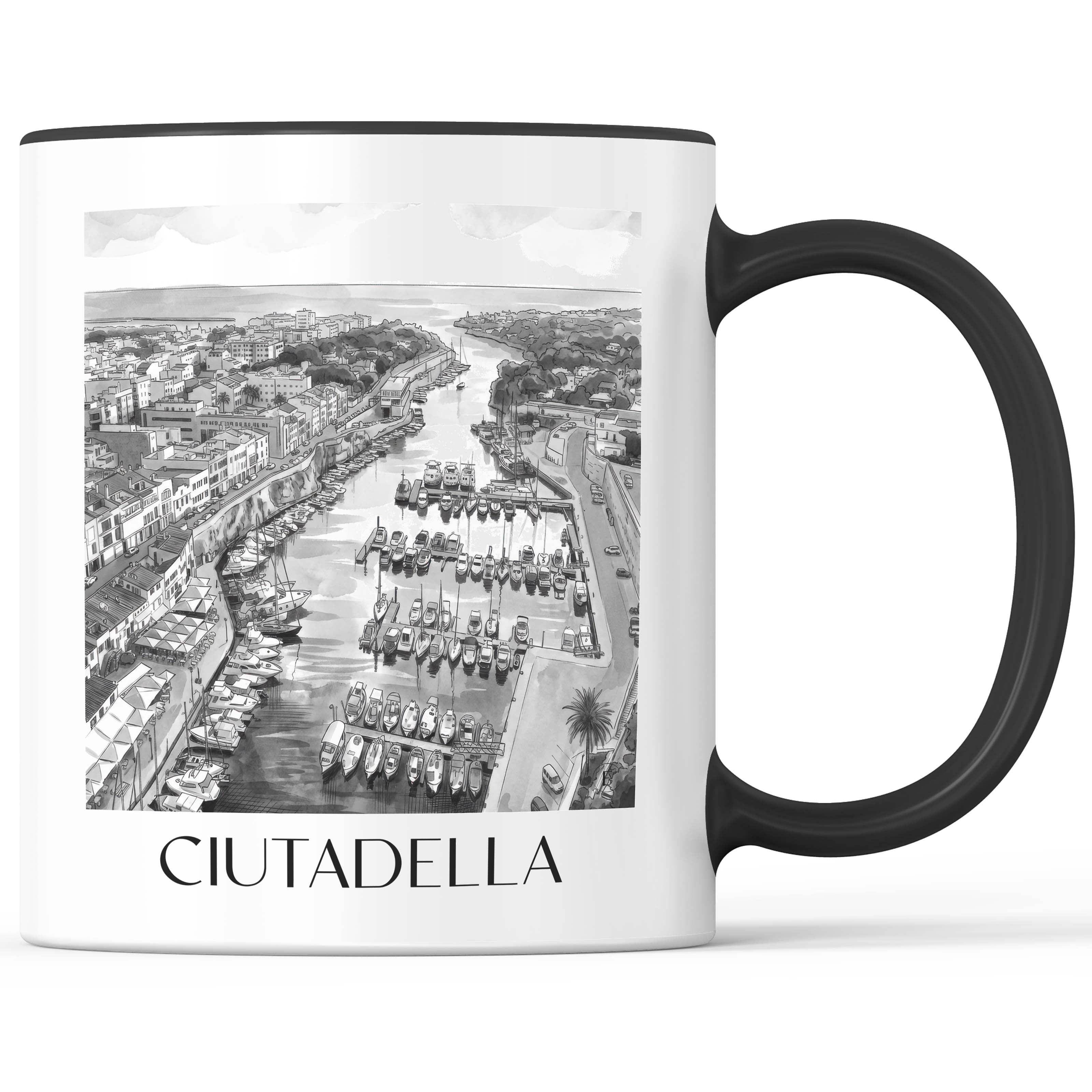 Ciutadella Kaffeebecher - Menorca - Spanien Becher - Kaffeetasse im Aquarell Schwarz-Weiß Stil - favplace