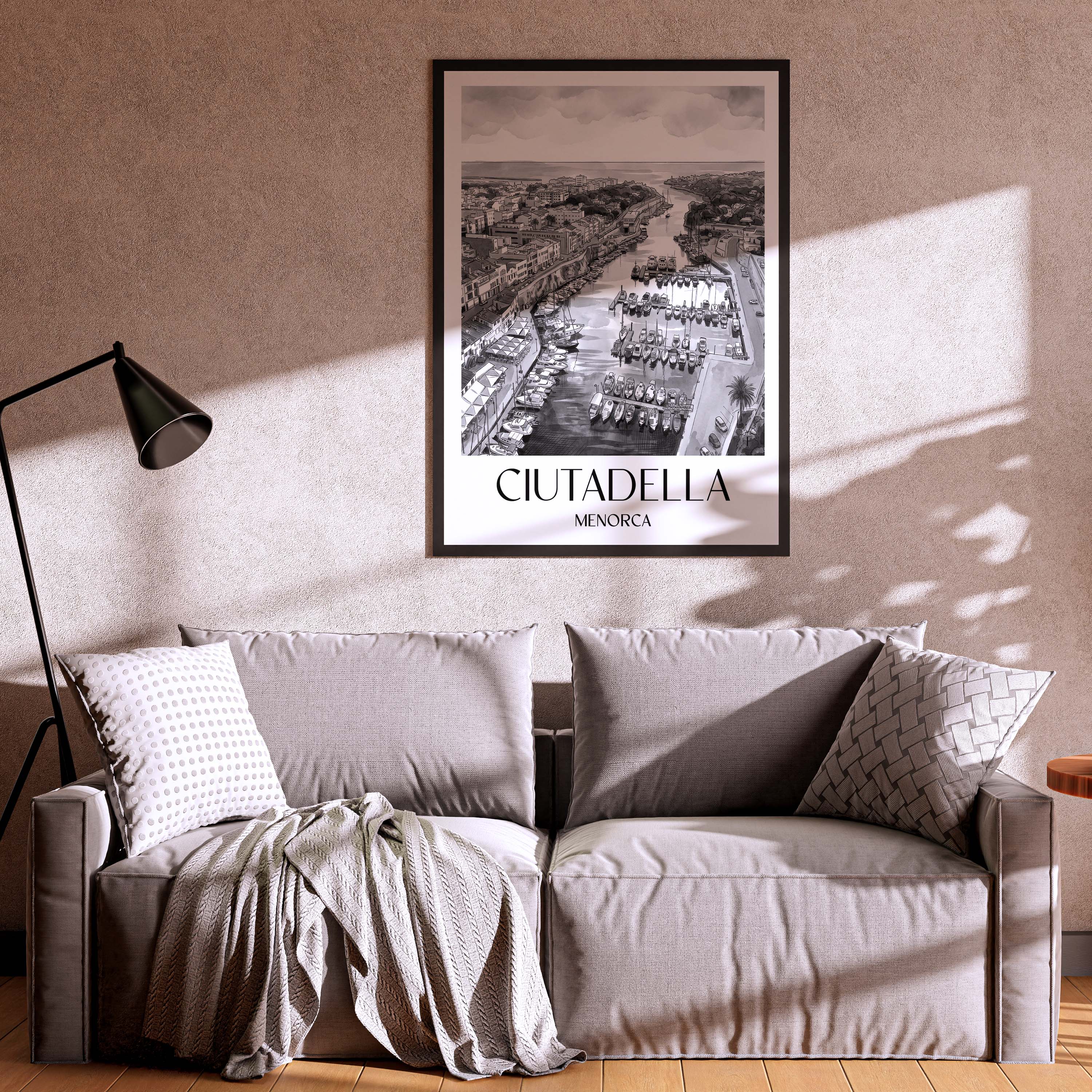 ciutadella-menorca-spanien-poster-aquarell-schwarz-weiss