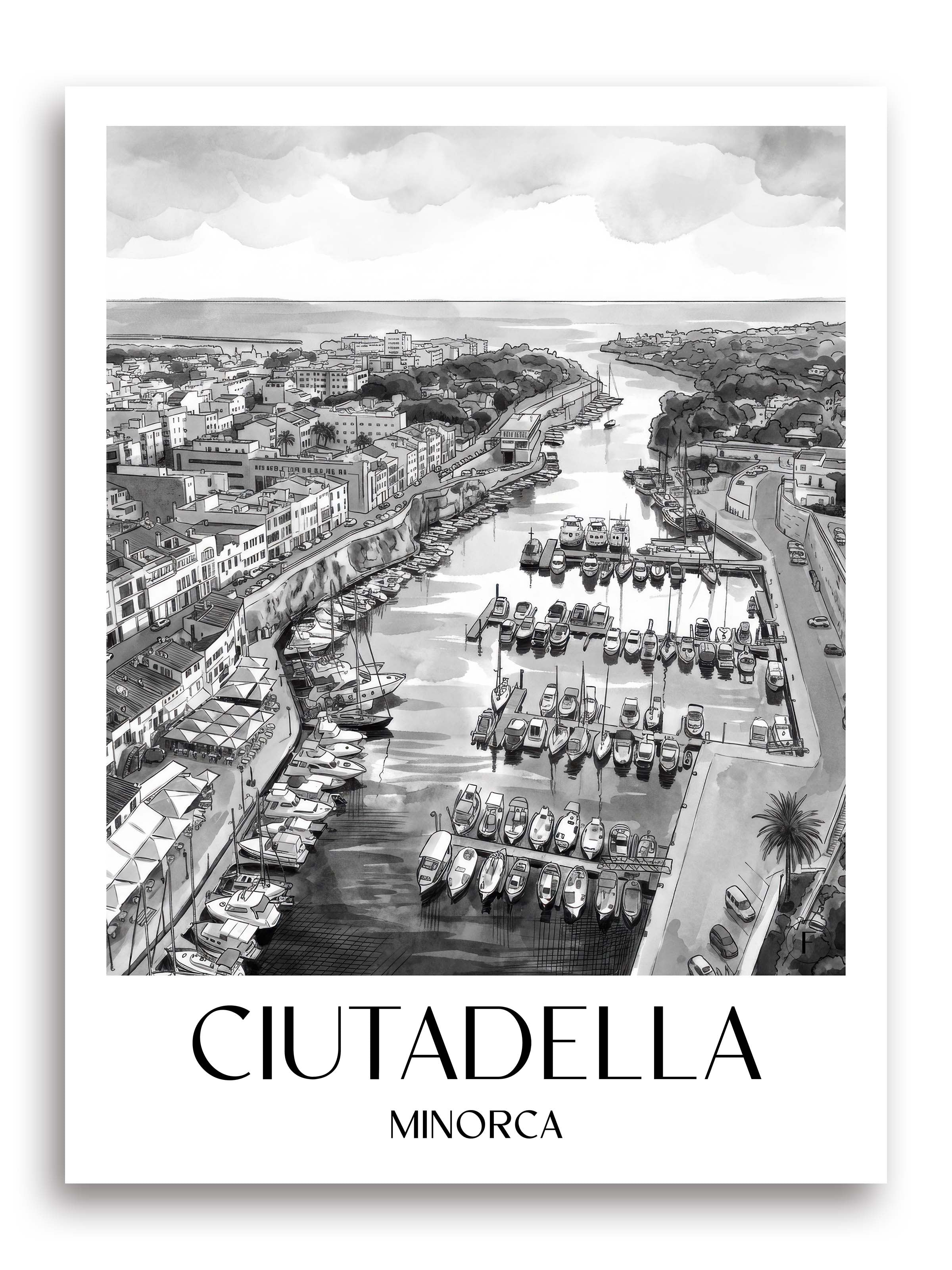 Ciutadella Poster - Menorca - Spanien Kunstdruck - Aquarell Schwarz-Weiß von A4 bis A1 - favplace