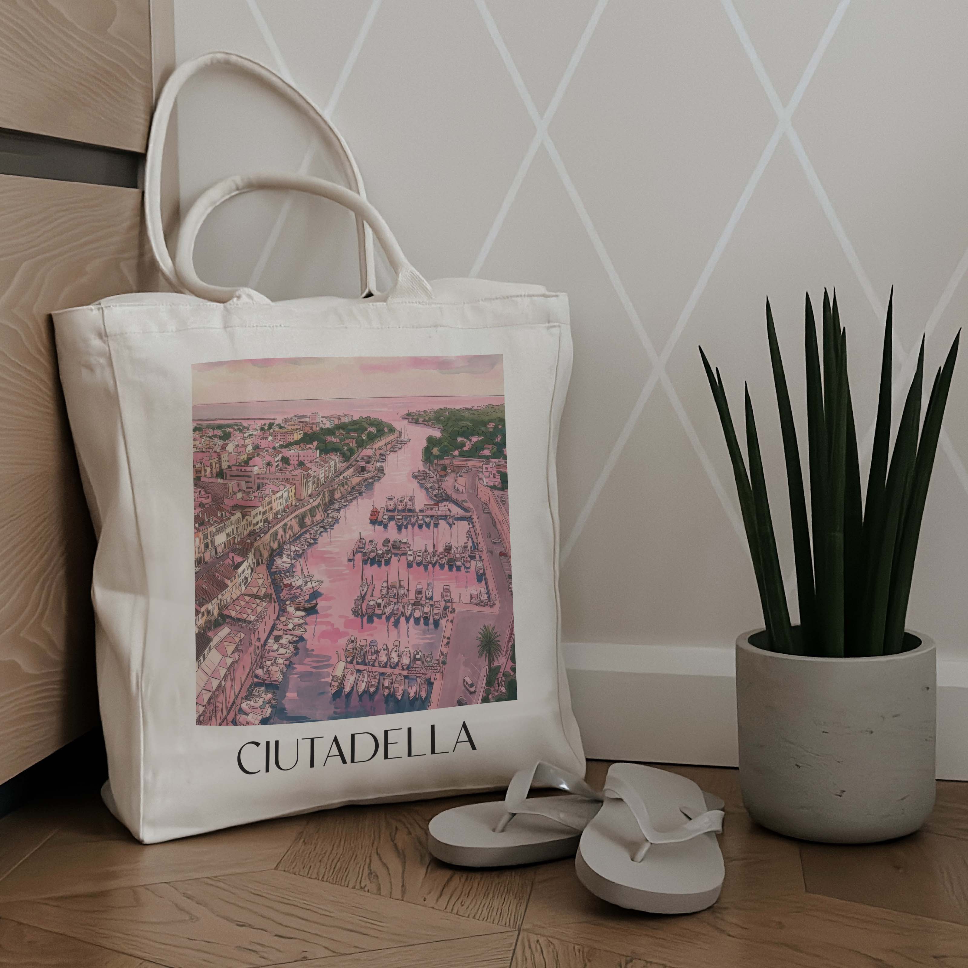 ciutadella-menorca-spanien-einkaufstasche-aquarell-pink-rosa