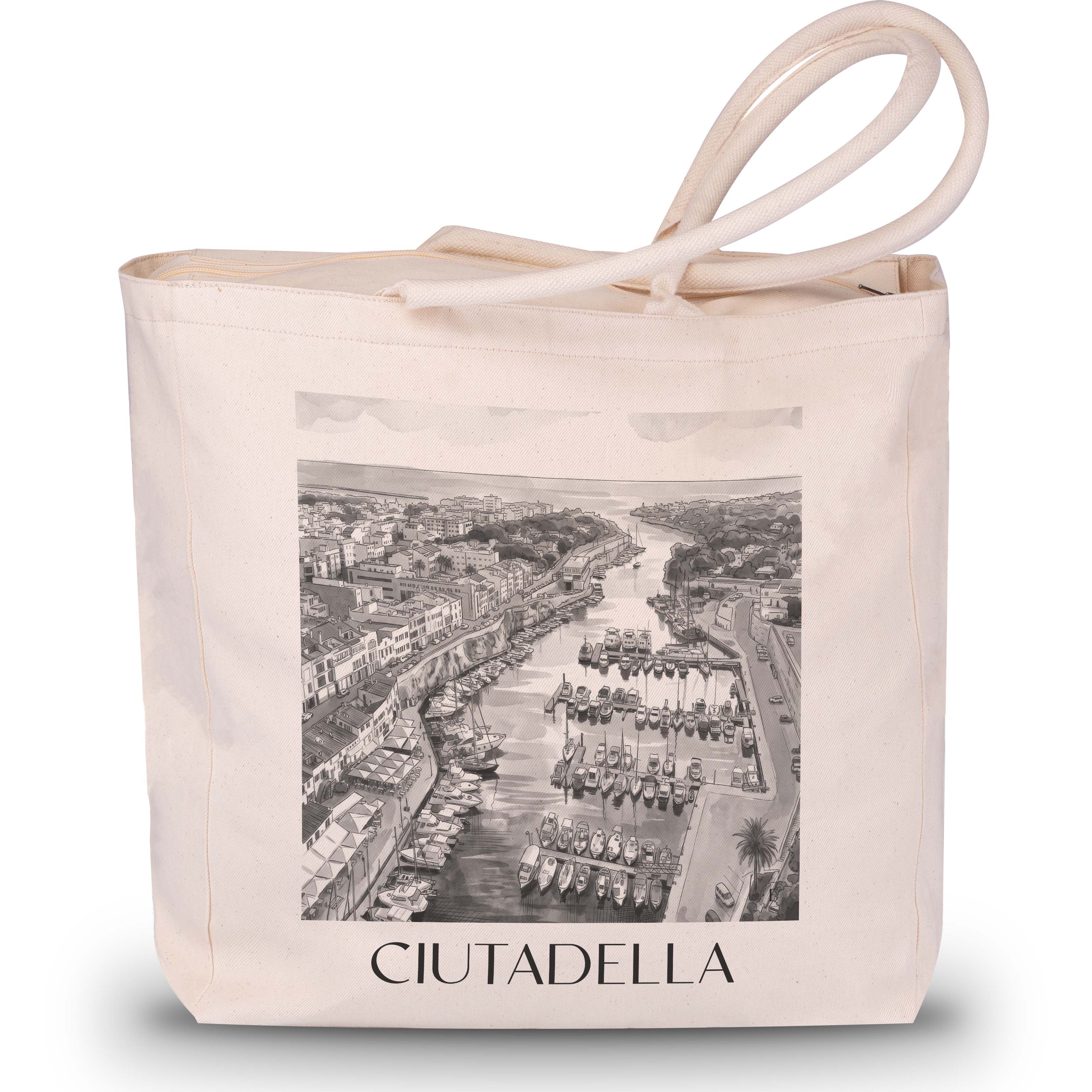 Ciutadella Shopping Tasche - Menorca - Spanien Tote Bag - Einkaufstasche im Aquarell Schwarz-Weiß Stil - favplace