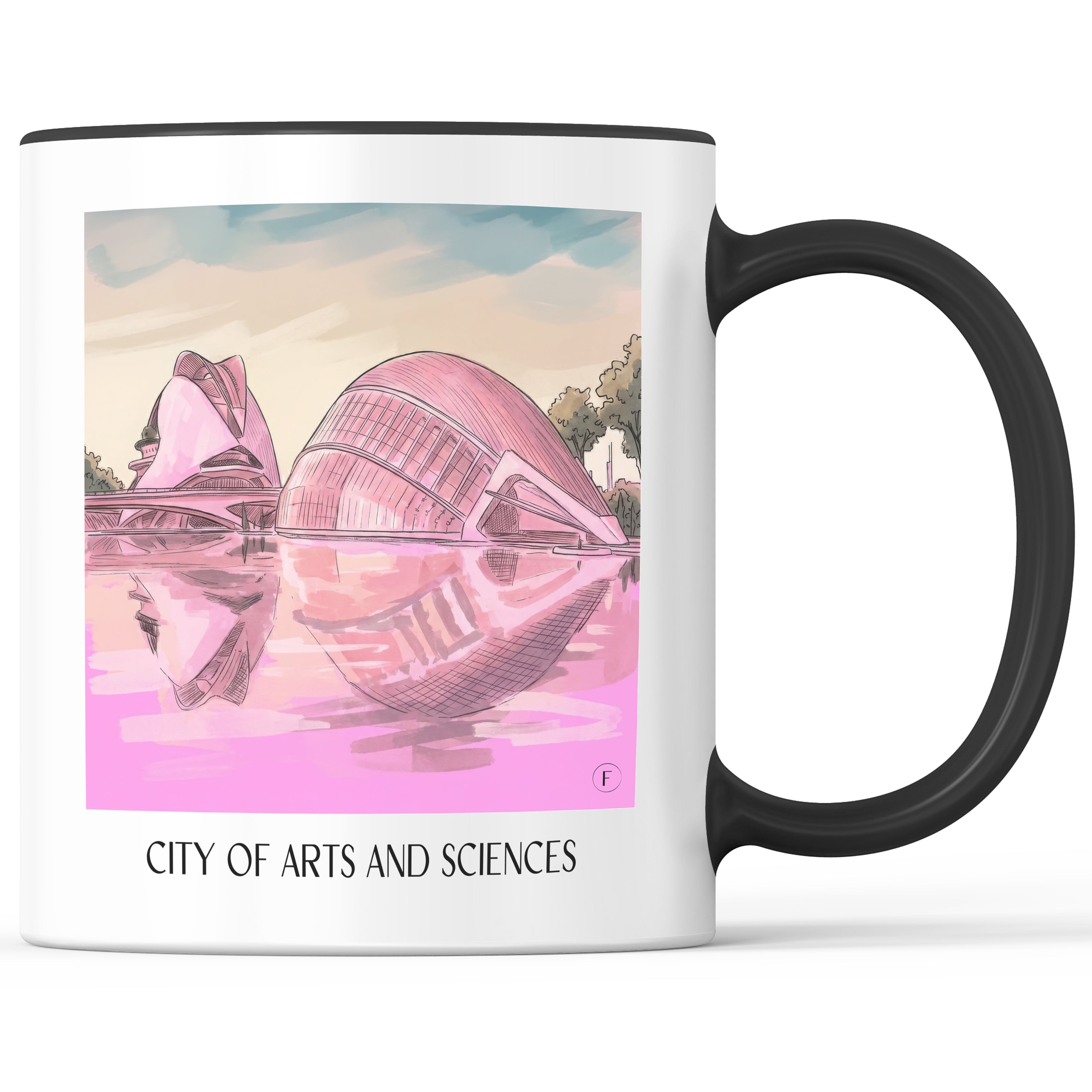 Ciutat de les Arts i les Ciències Kaffeebecher - Valencia - Spanien Becher - Kaffeetasse im Aquarell Pink Stil - favplace