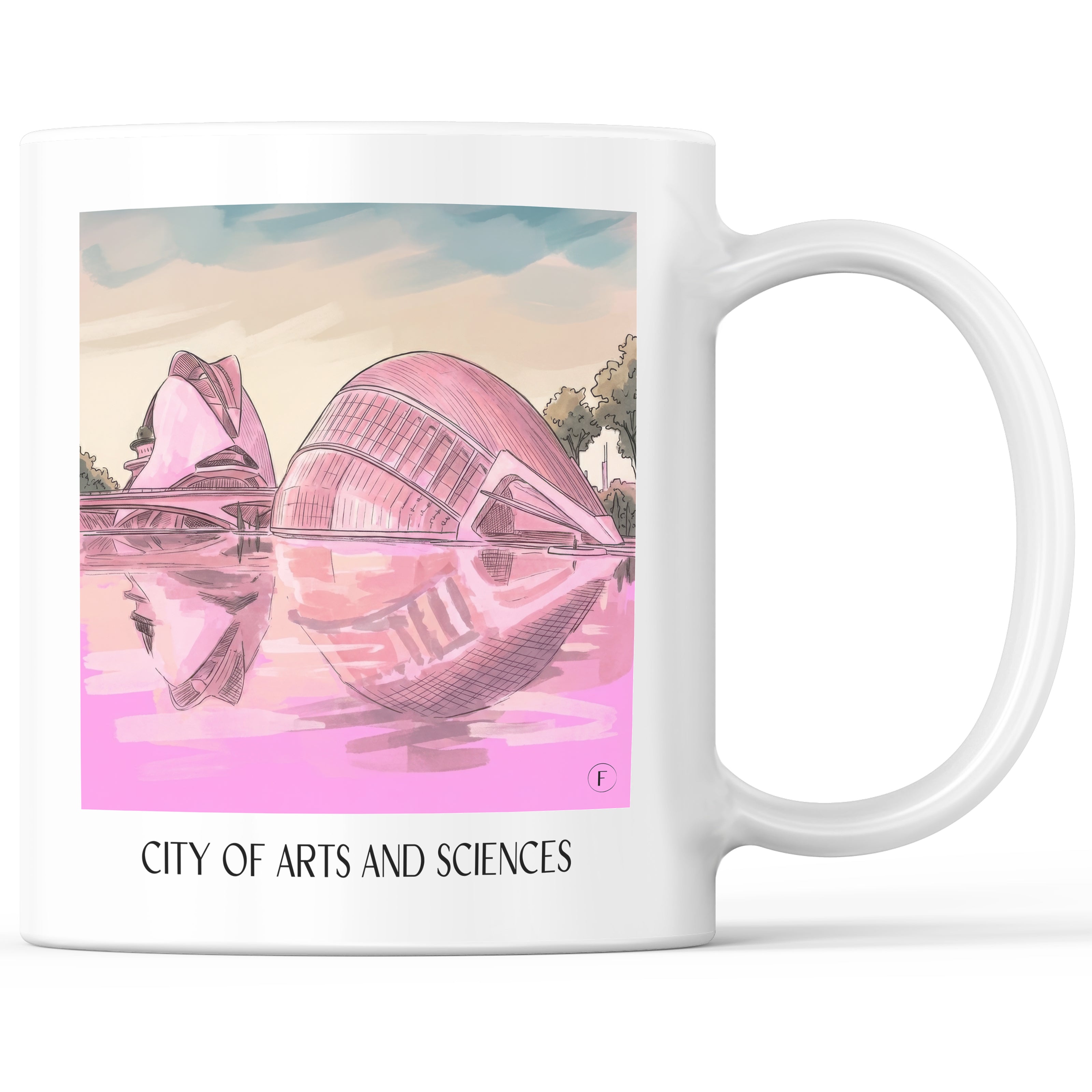 Ciutat de les Arts i les Ciències Kaffeebecher - Valencia - Spanien Becher - Kaffeetasse im Aquarell Pink Stil - favplace