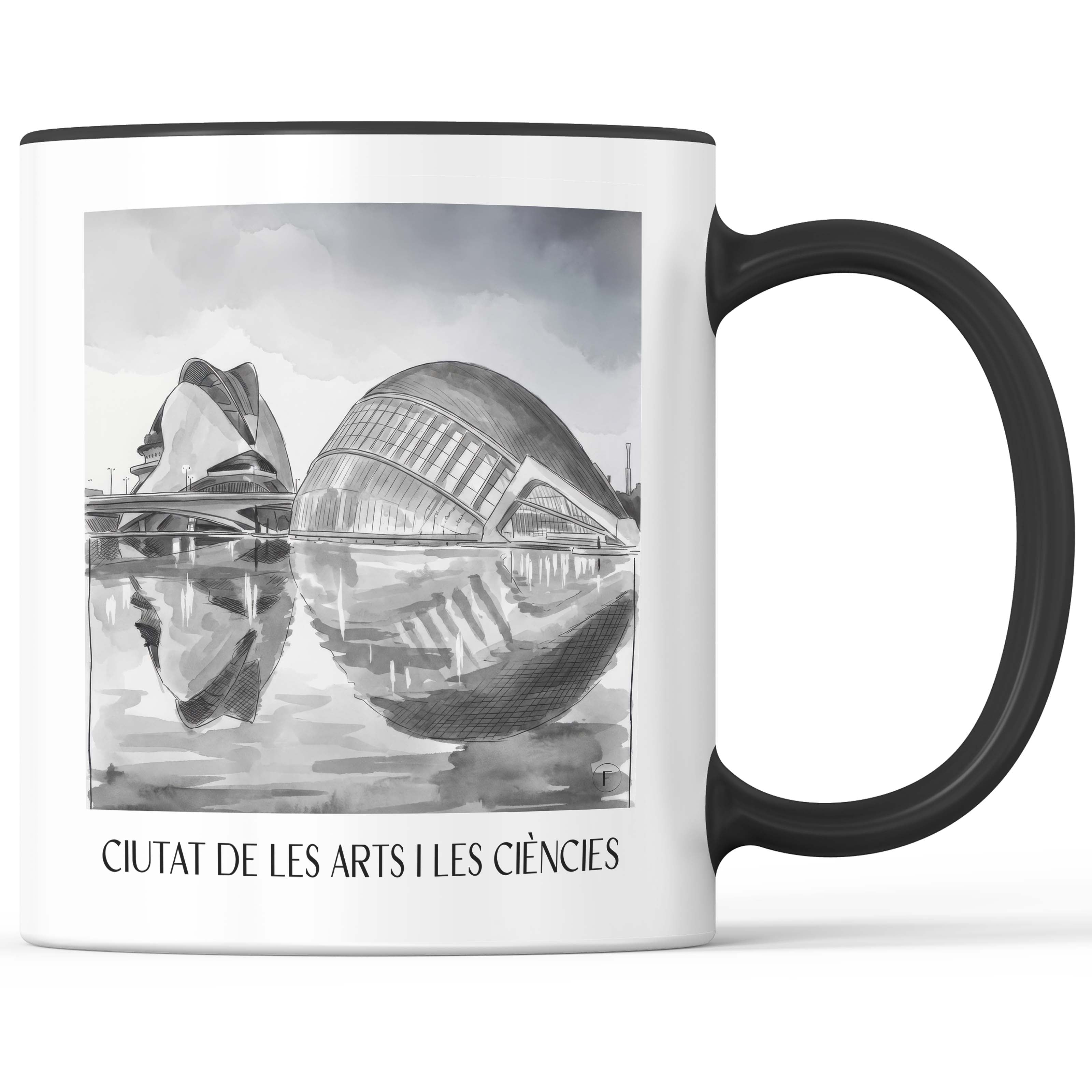 ciutat-de-les-arts-i-les-ciències-valencia-spanien-kaffeebecher-aquarell-schwarz-weiss