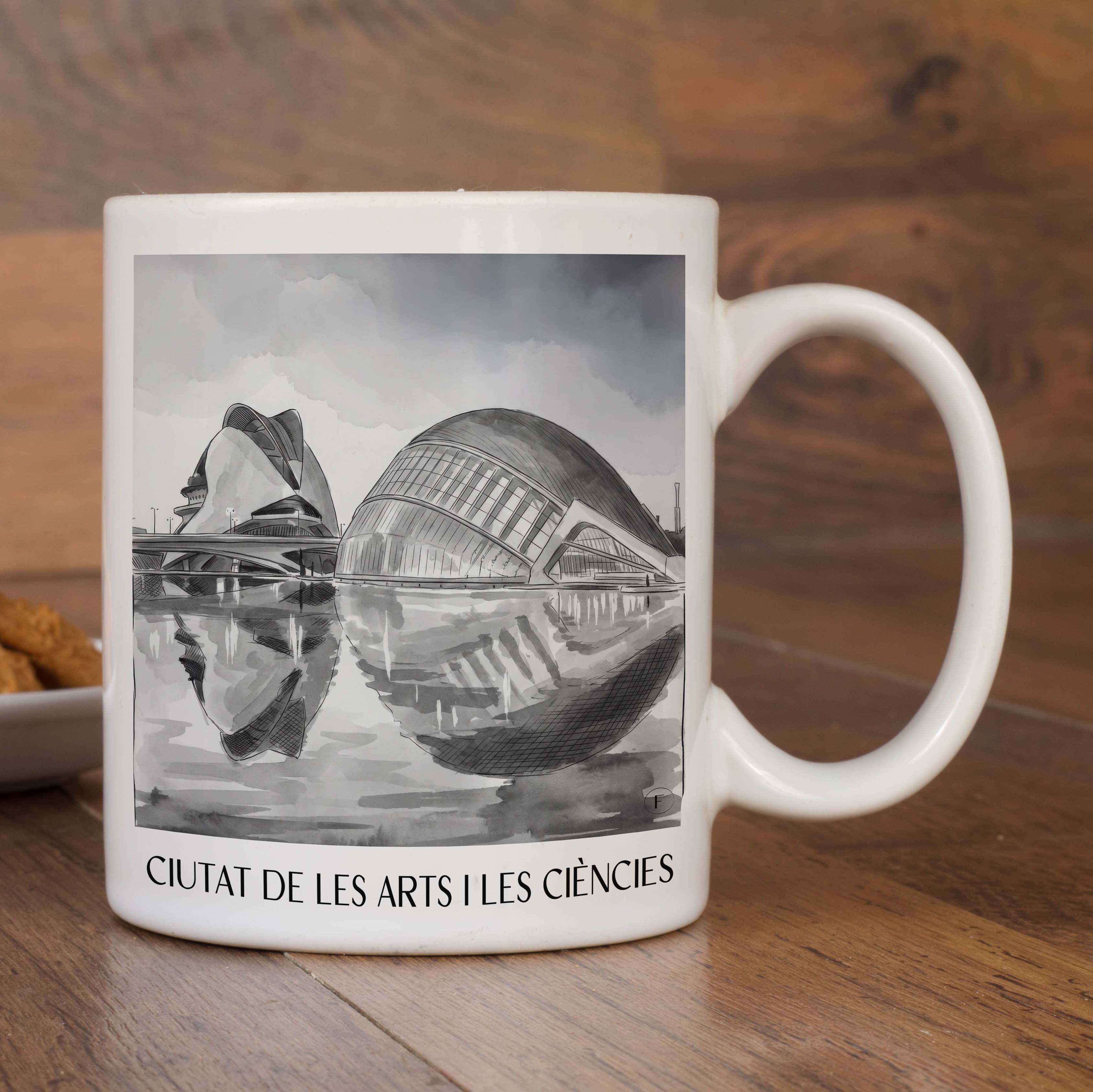 ciutat-de-les-arts-i-les-ciències-valencia-spanien-kaffeebecher-aquarell-schwarz-weiss