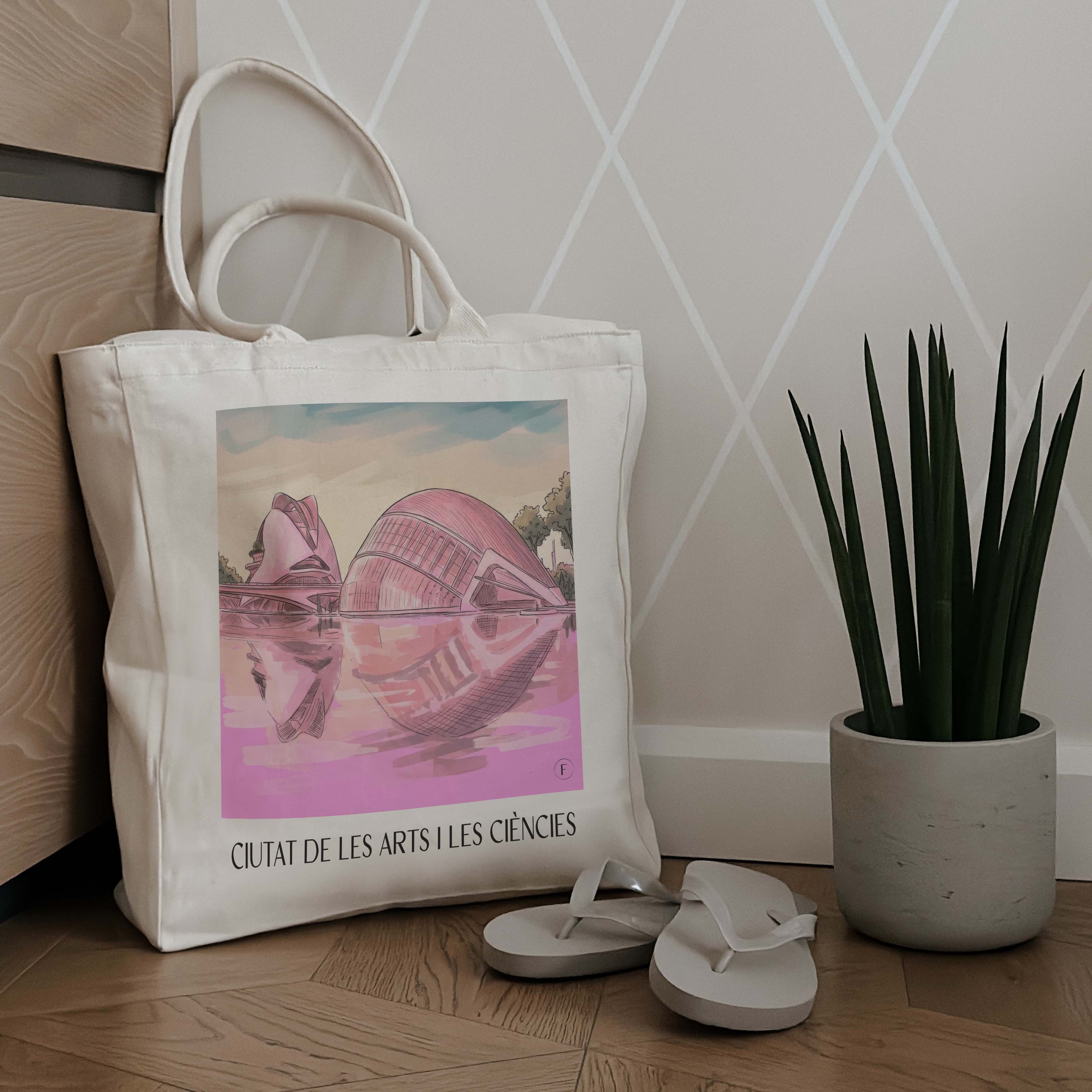 ciutat-de-les-arts-i-les-ciències-valencia-spanien-einkaufstasche-aquarell-pink-rosa