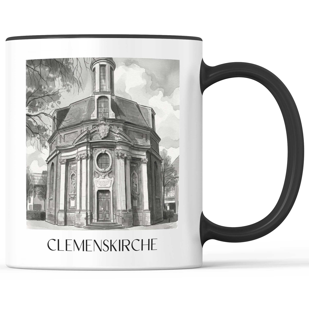 clemenskirche-münster-deutschland-kaffeebecher-aquarell-schwarz-weiss