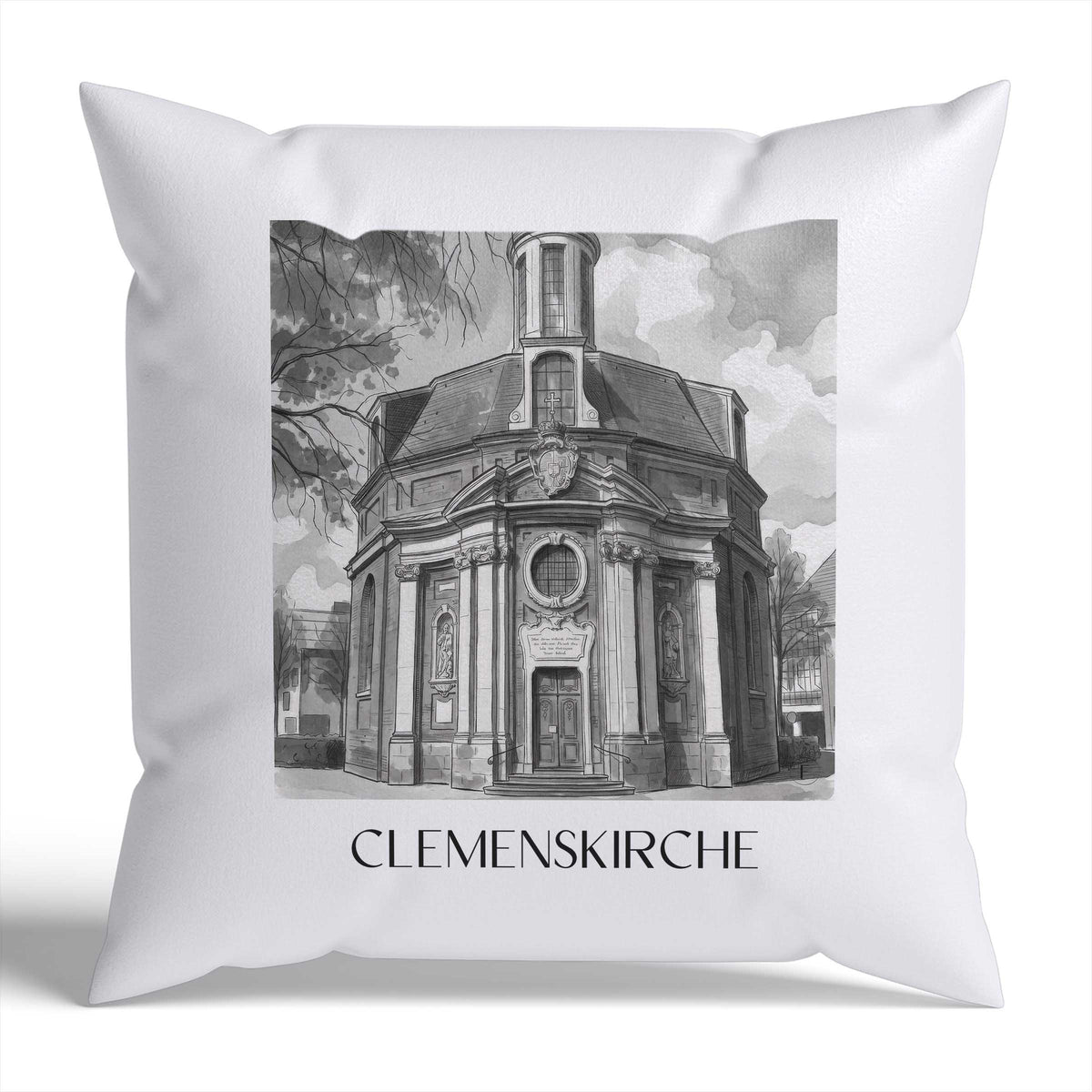clemenskirche-münster-deutschland-kissenbezug-aquarell-schwarz-weiss