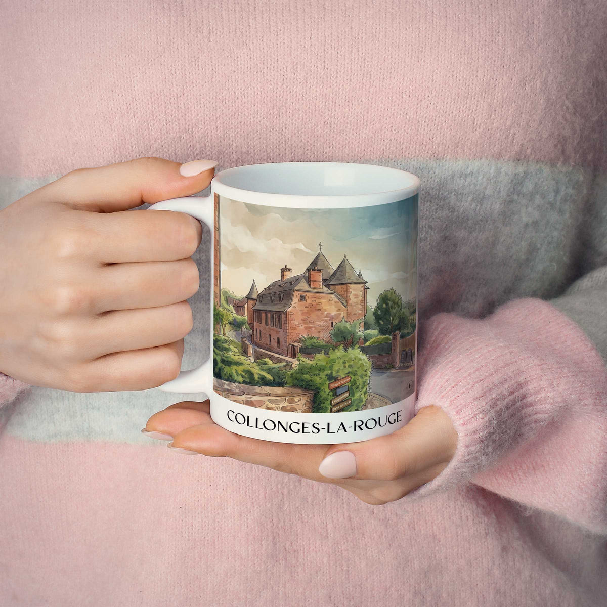 collonges-la-rouge-corrèze-frankreich-kaffeebecher-aquarell