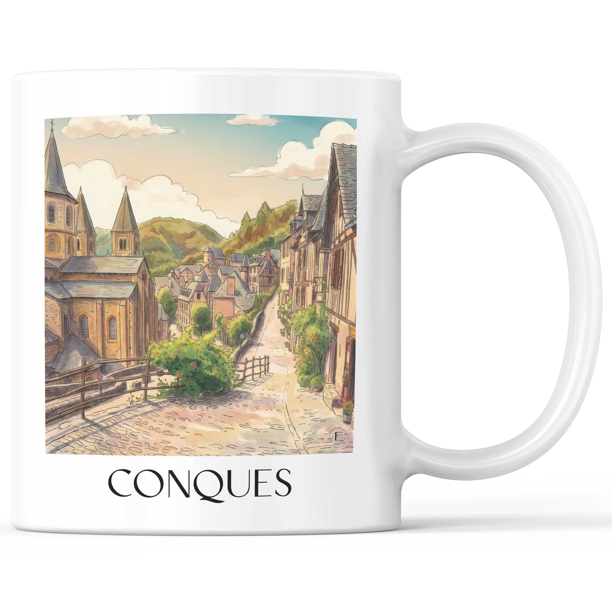 Conques Kaffeebecher - Vallée du Lot - Frankreich Becher - Kaffeetasse im Aquarell Stil - favplace