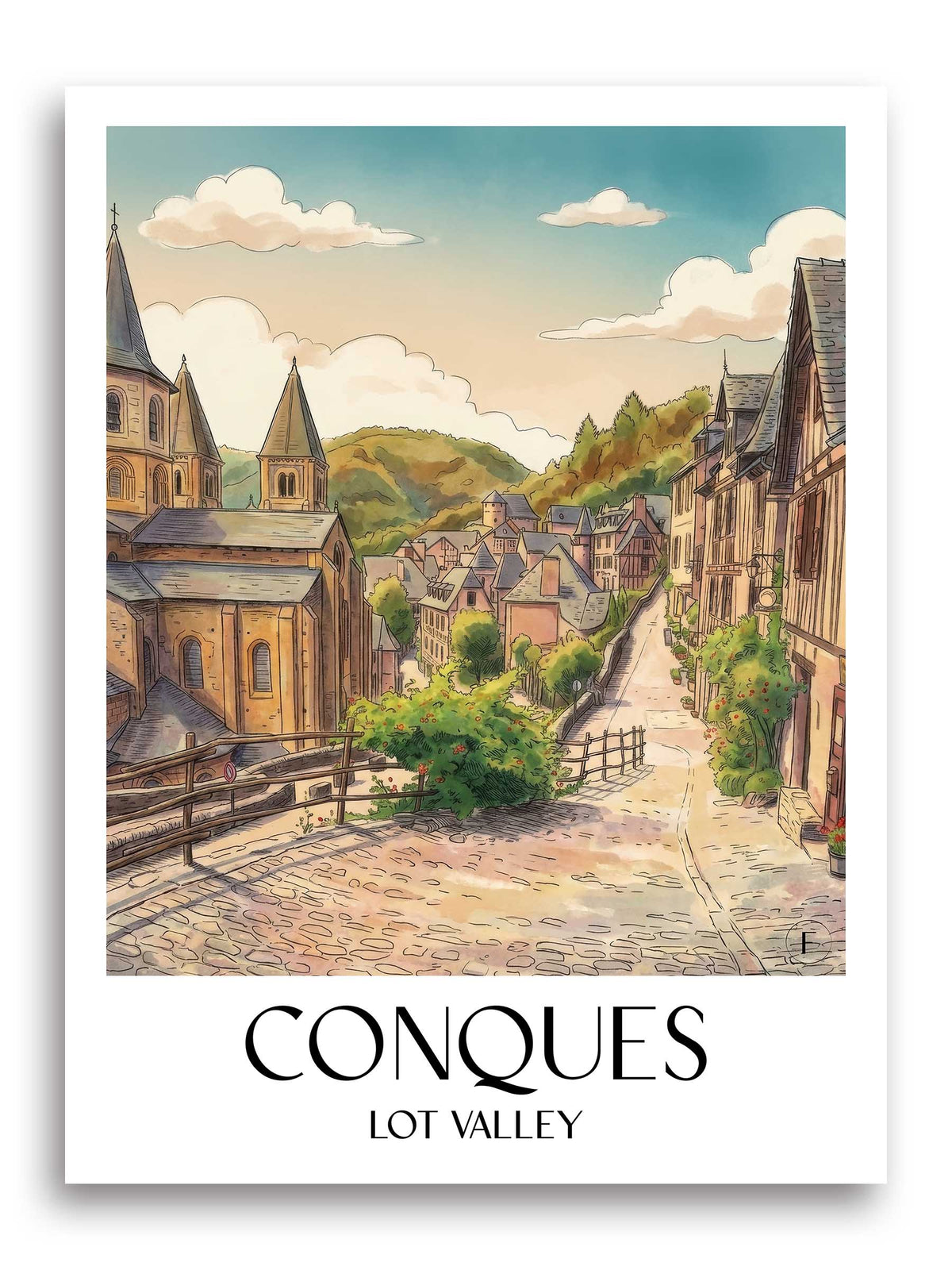 Conques Poster - Vallée du Lot - Frankreich Kunstdruck - Aquarell von A4 bis A1 - favplace