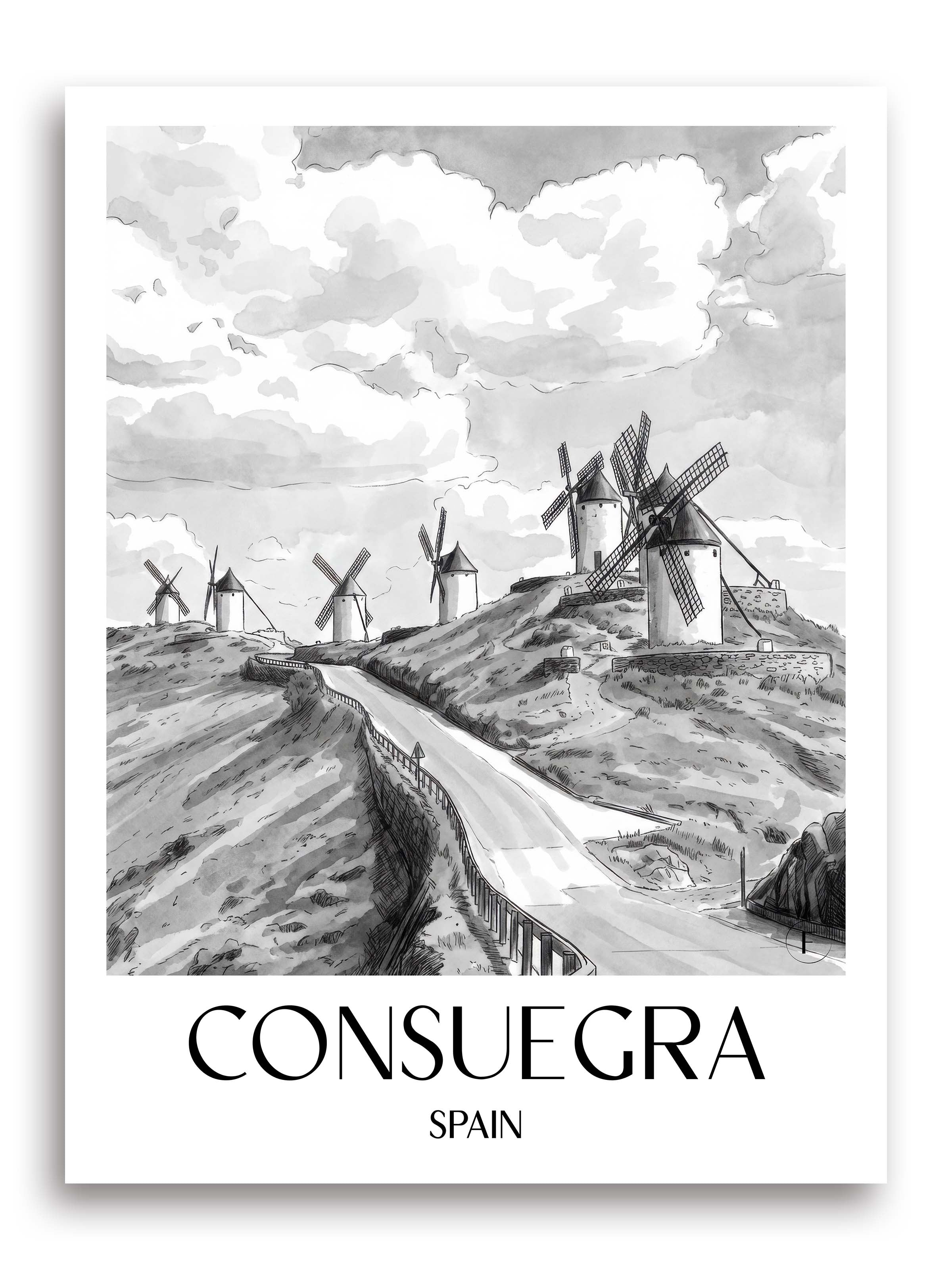 Consuegra Poster - Spanien - Spanien und Spanien Kunstdruck - Aquarell Schwarz-Weiß von A4 bis A1 - favplace
