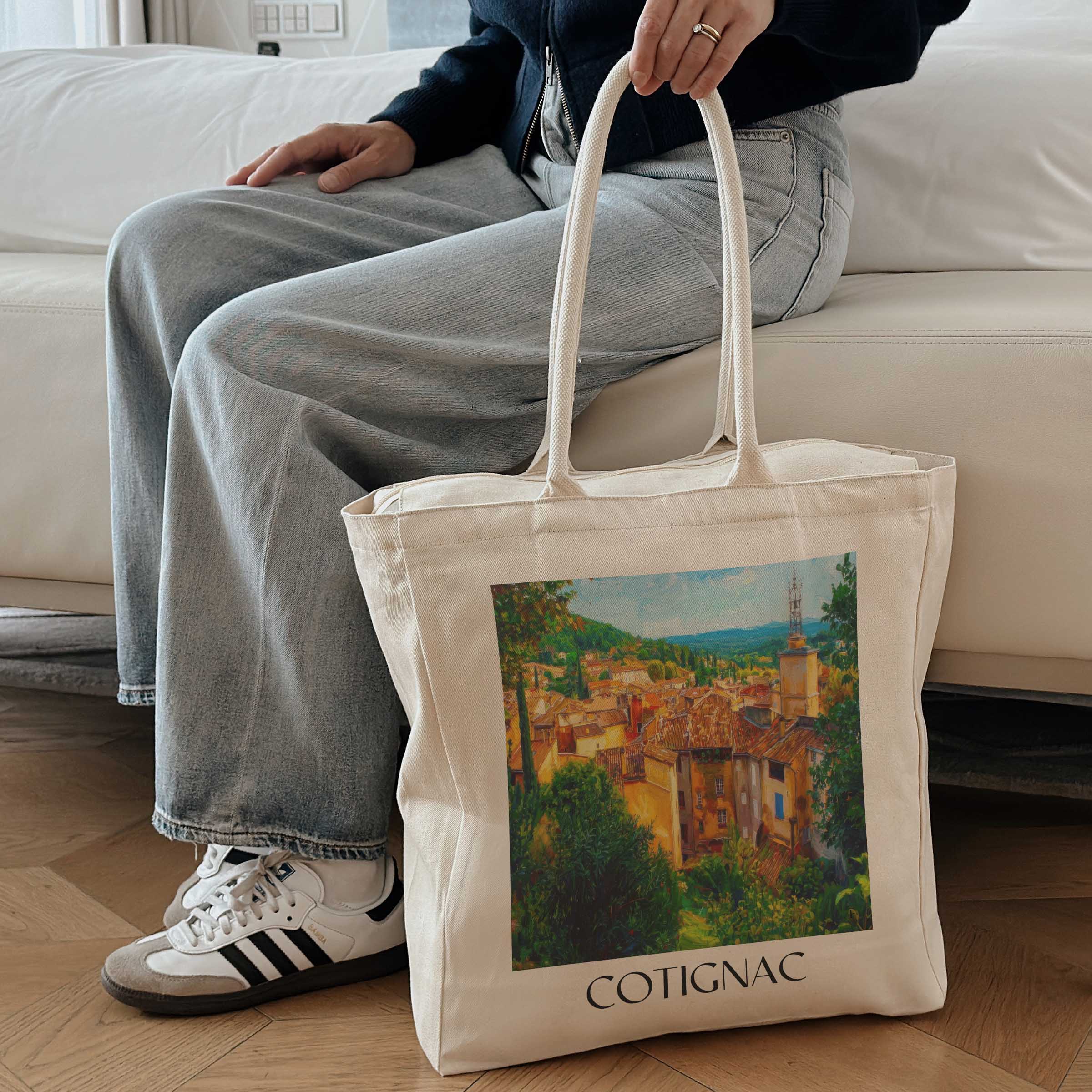 cotignac-provence-verte-frankreich-einkaufstasche-oil-painting-oelgemaelde