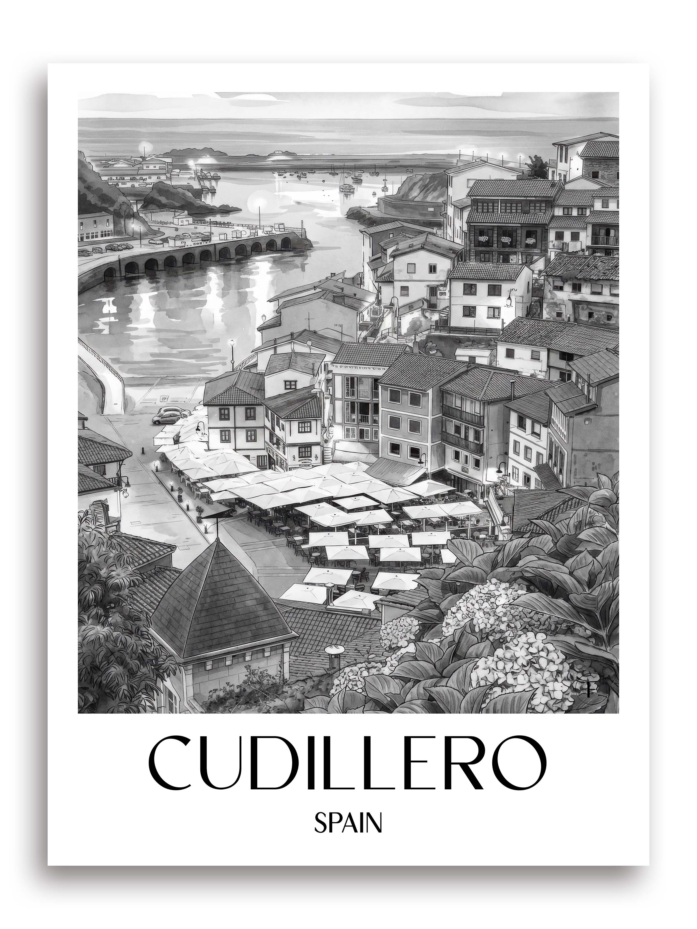 Cudillero Poster - Spanien - Spanien Kunstdruck - Aquarell Schwarz-Weiß von A4 bis A1 - favplace