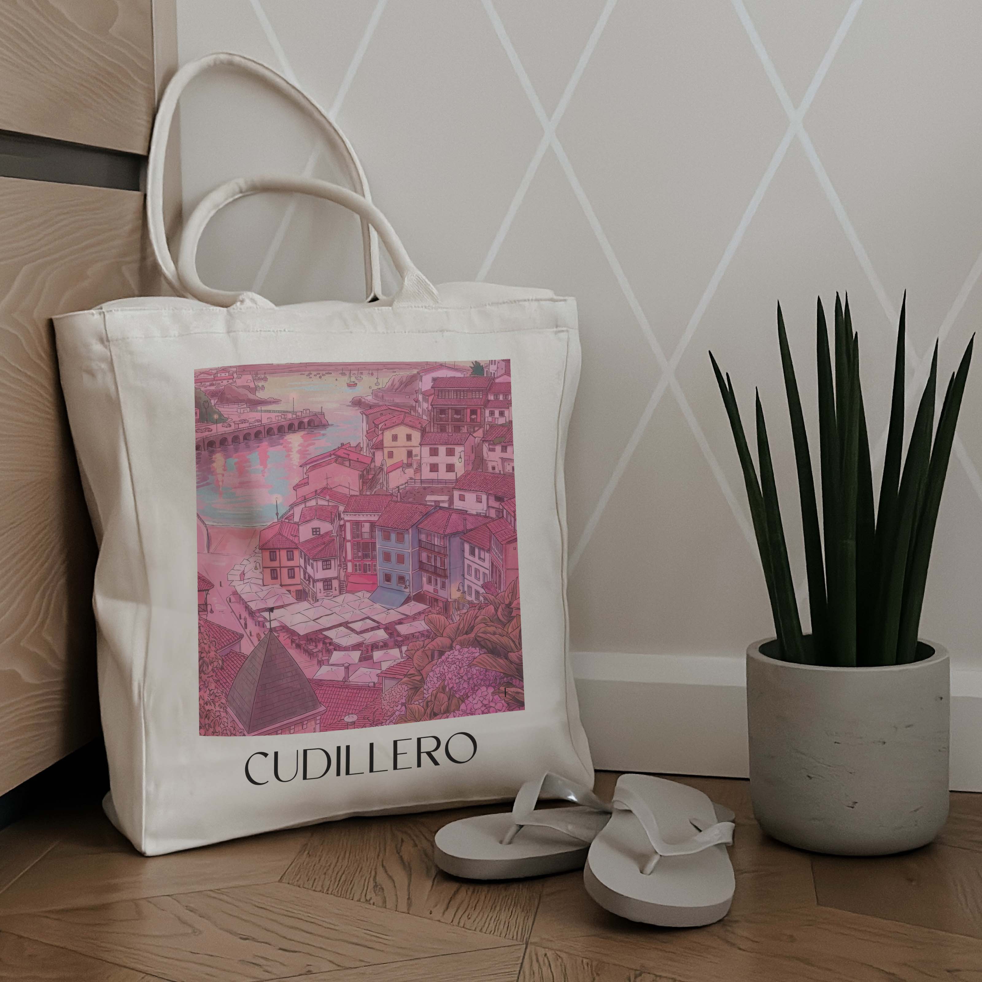 cudillero--spanien-spanien-einkaufstasche-aquarell-pink-rosa