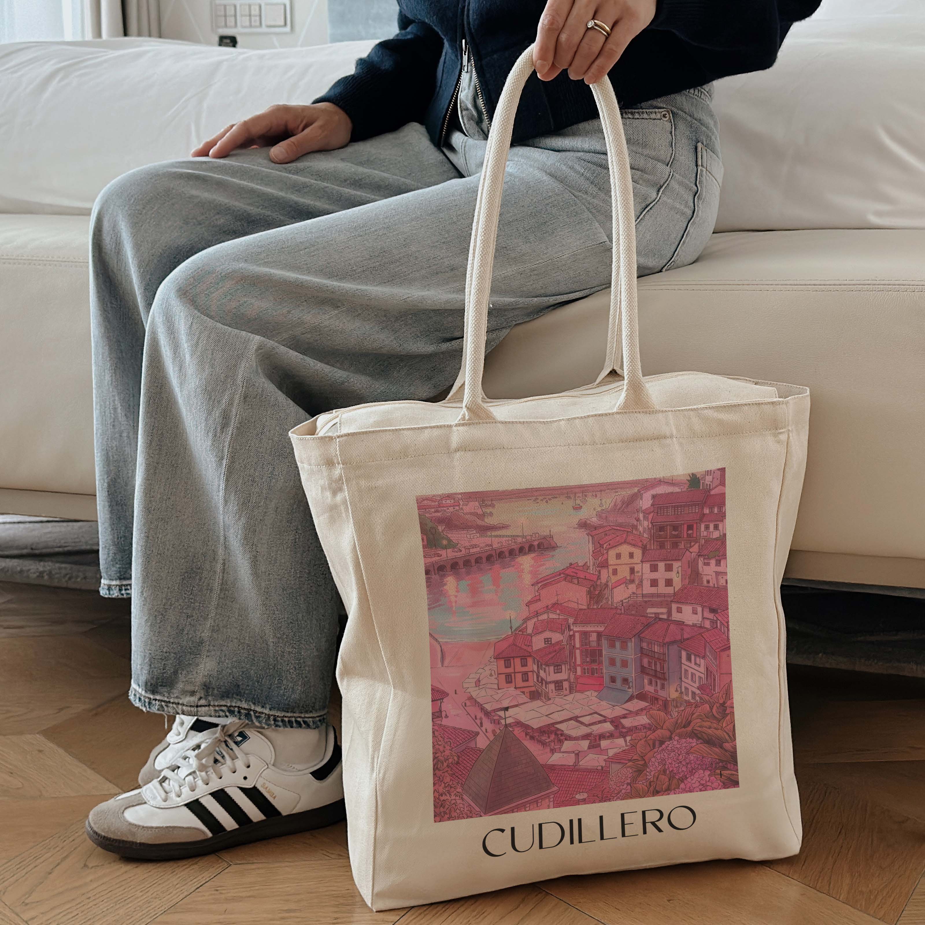 cudillero--spanien-spanien-einkaufstasche-aquarell-pink-rosa