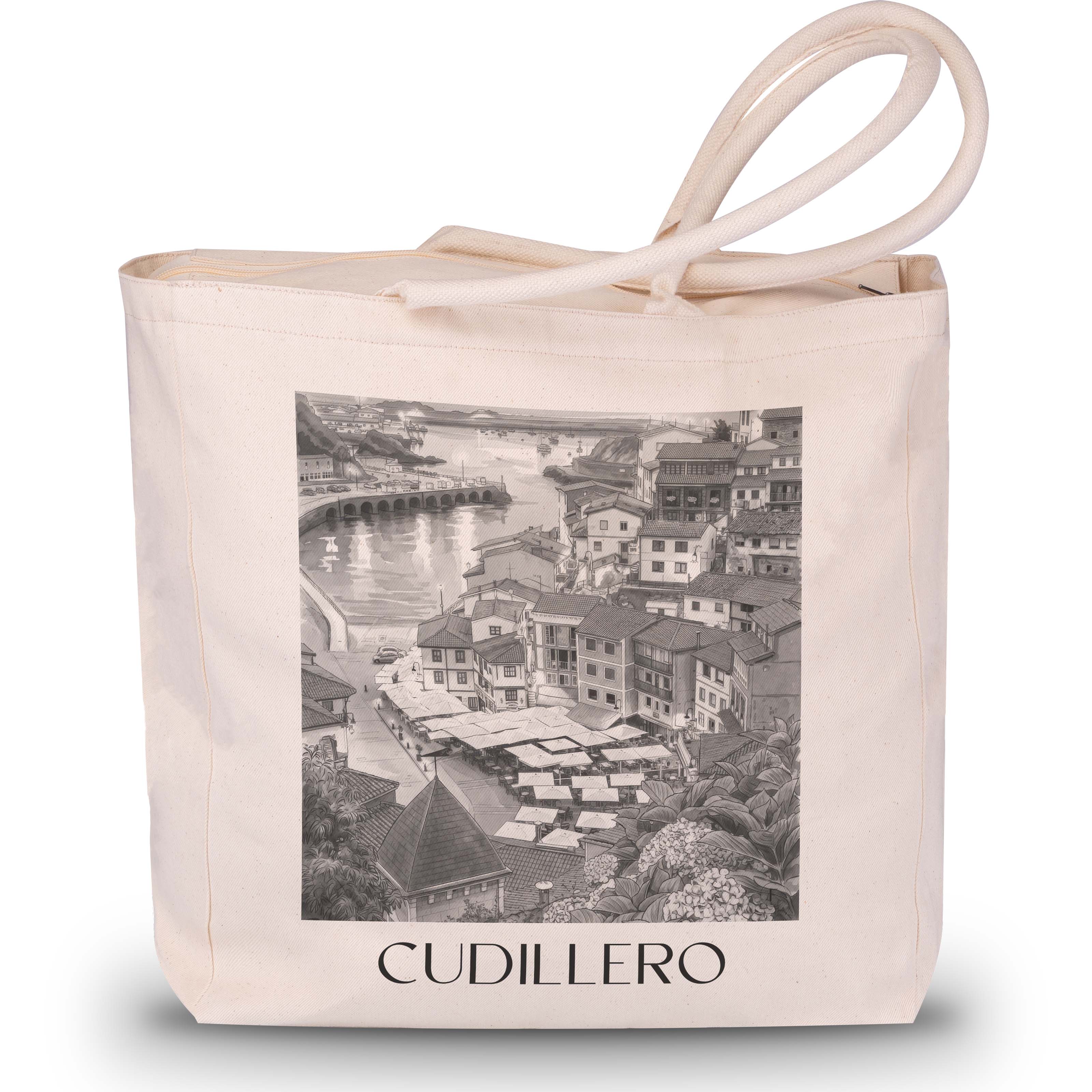 Cudillero Shopping Tasche - Spanien - Spanien Tote Bag - Einkaufstasche im Aquarell Schwarz-Weiß Stil - favplace