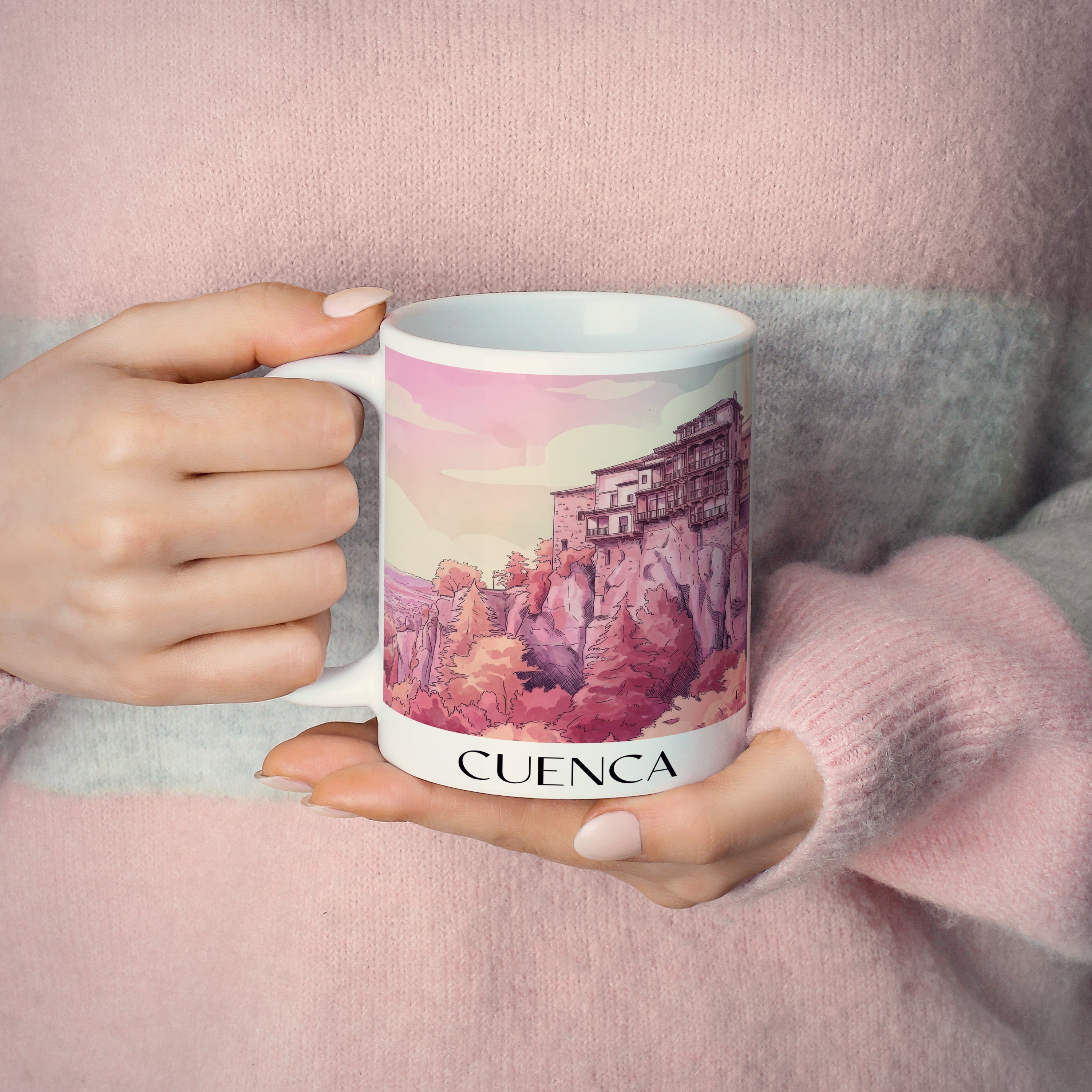 cuenca-spanien-spanien-kaffeebecher-aquarell-pink-rosa