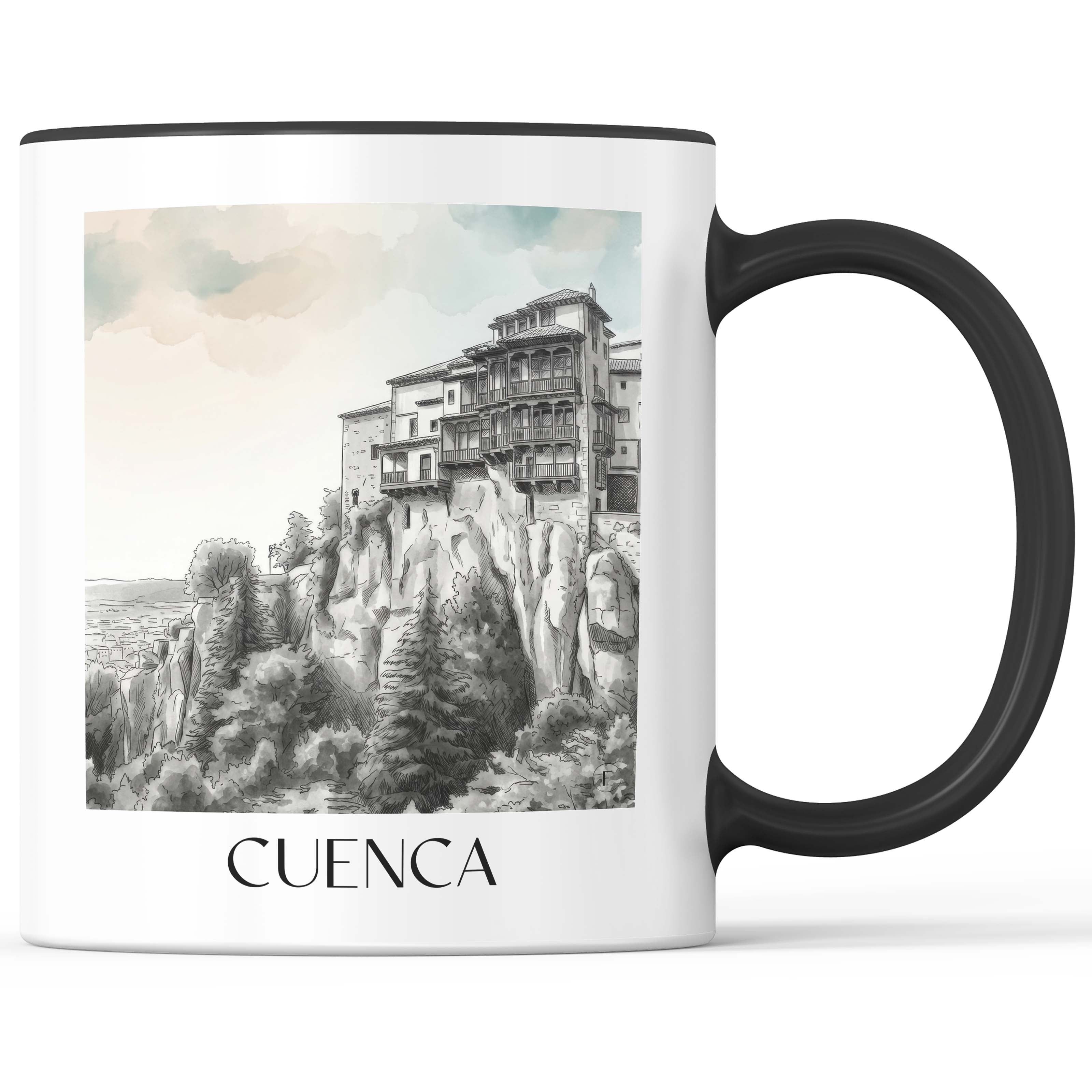 cuenca-spanien-spanien-kaffeebecher-aquarell-schwarz-weiss