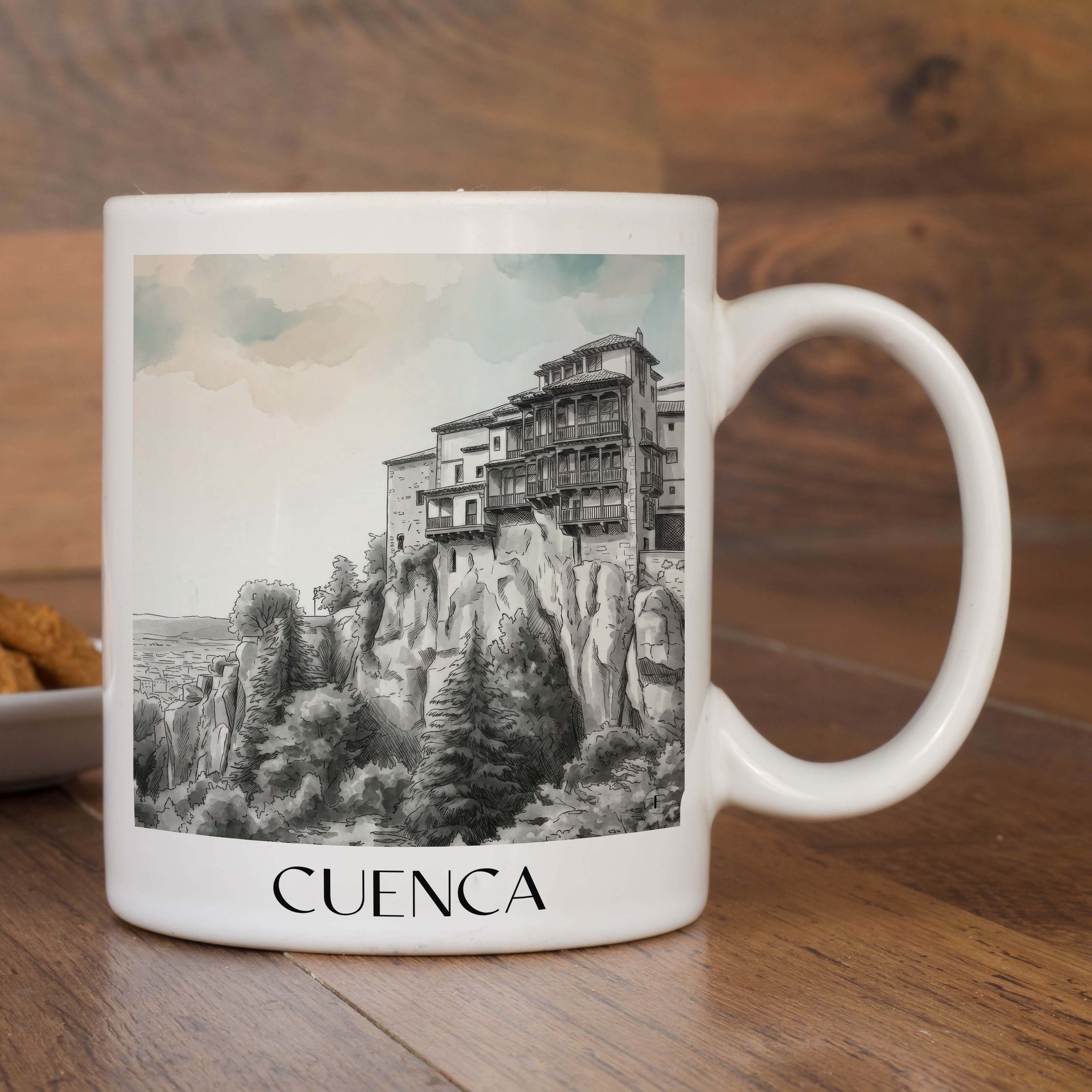 cuenca-spanien-spanien-kaffeebecher-aquarell-schwarz-weiss