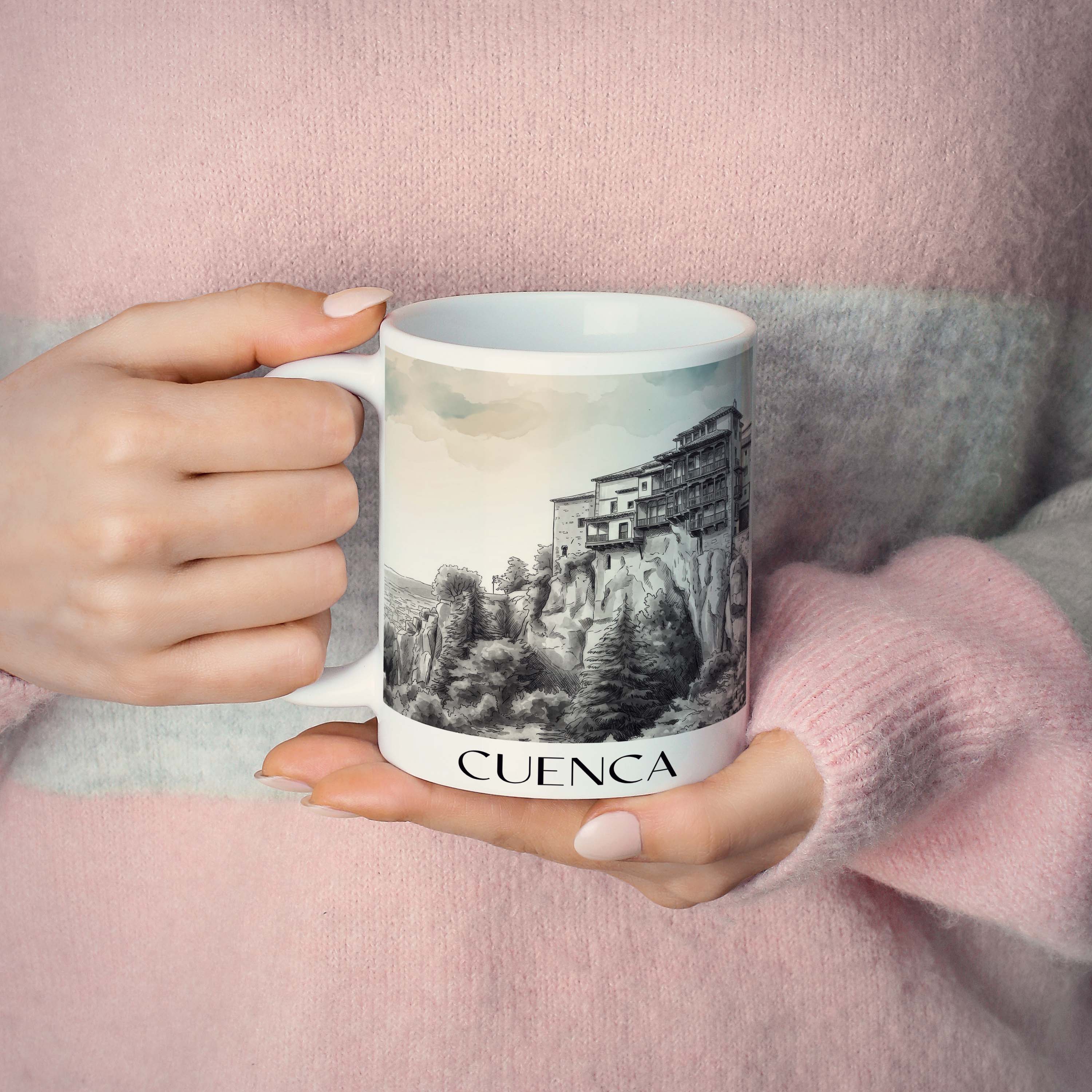 cuenca-spanien-spanien-kaffeebecher-aquarell-schwarz-weiss
