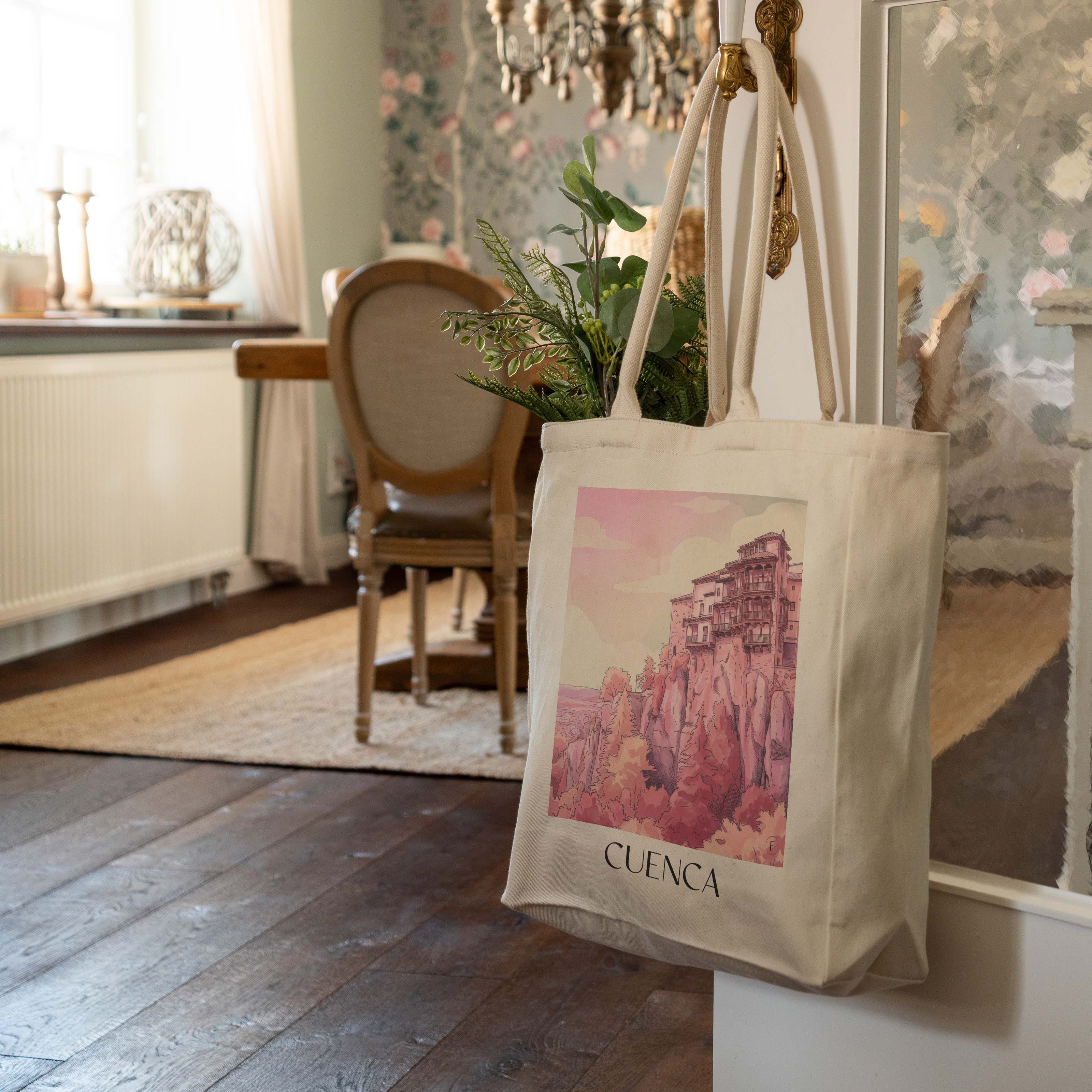 cuenca-spanien-spanien-einkaufstasche-aquarell-pink-rosa