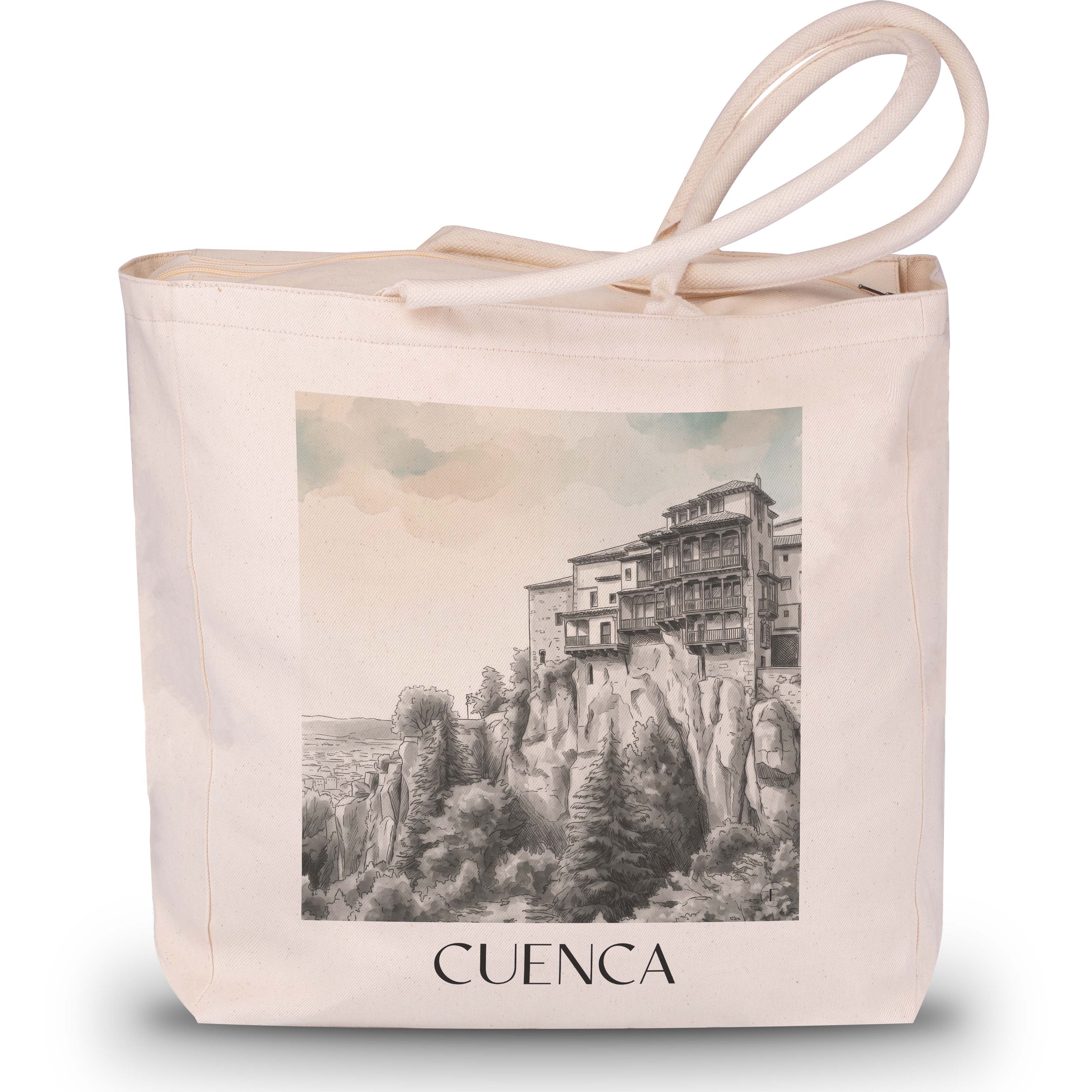 Cuenca Shopping Tasche - Spanien - Spanien Tote Bag - Einkaufstasche im Aquarell Schwarz-Weiß Stil - favplace