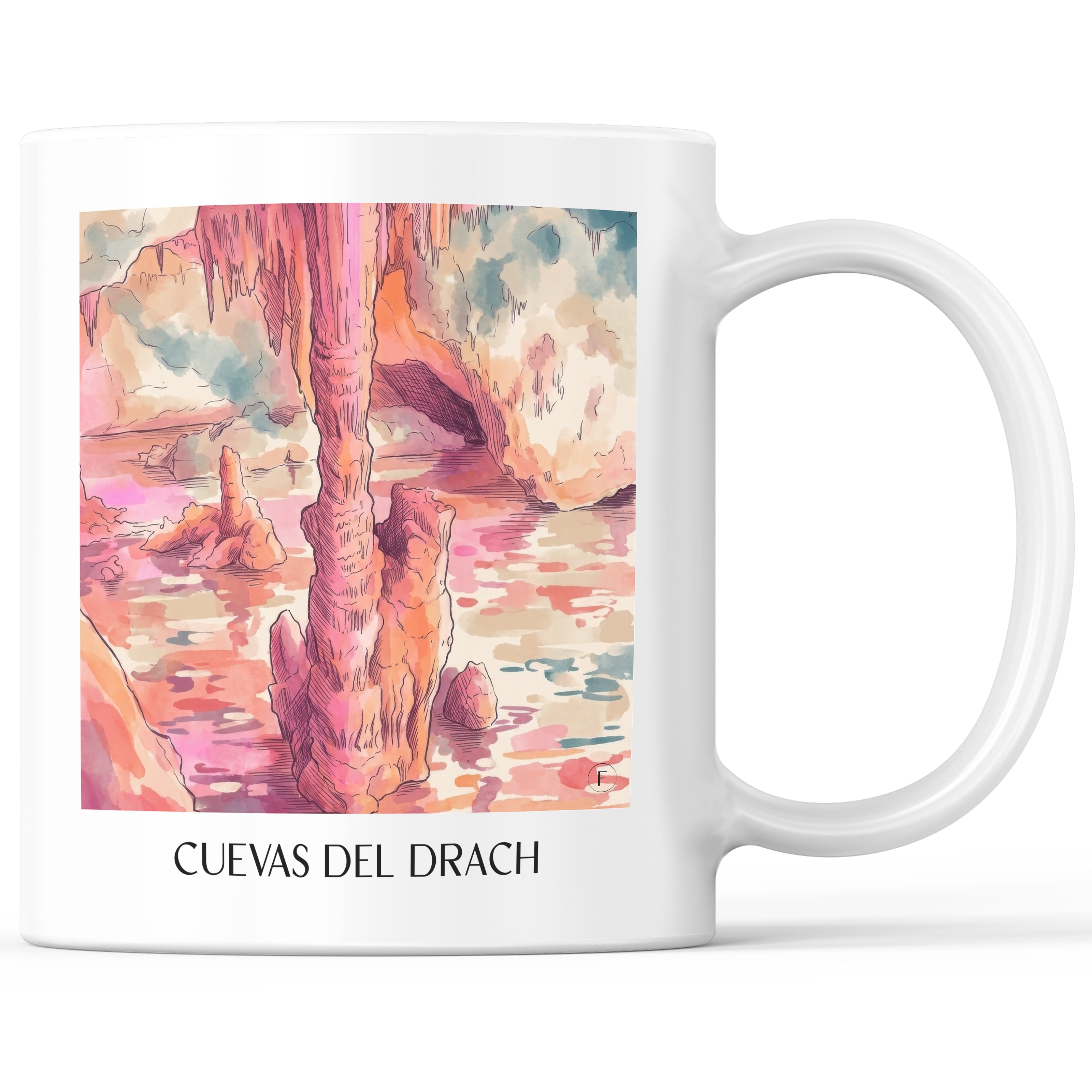 Cuevas del Drach Kaffeebecher - Mallorca - Spanien Becher - Kaffeetasse im Aquarell Pink Stil - favplace