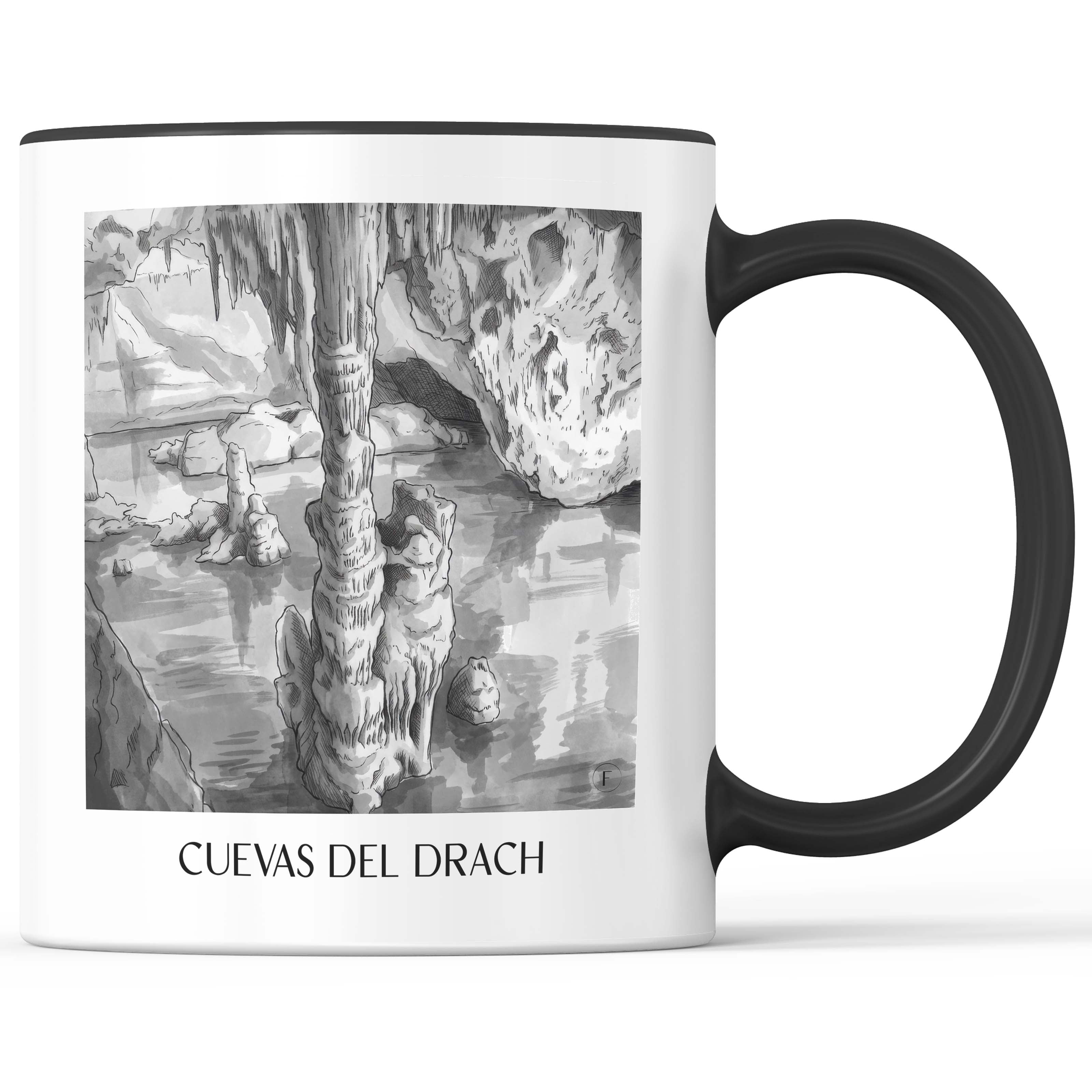 cuevas-del-drach-mallorca-spanien-kaffeebecher-aquarell-schwarz-weiss