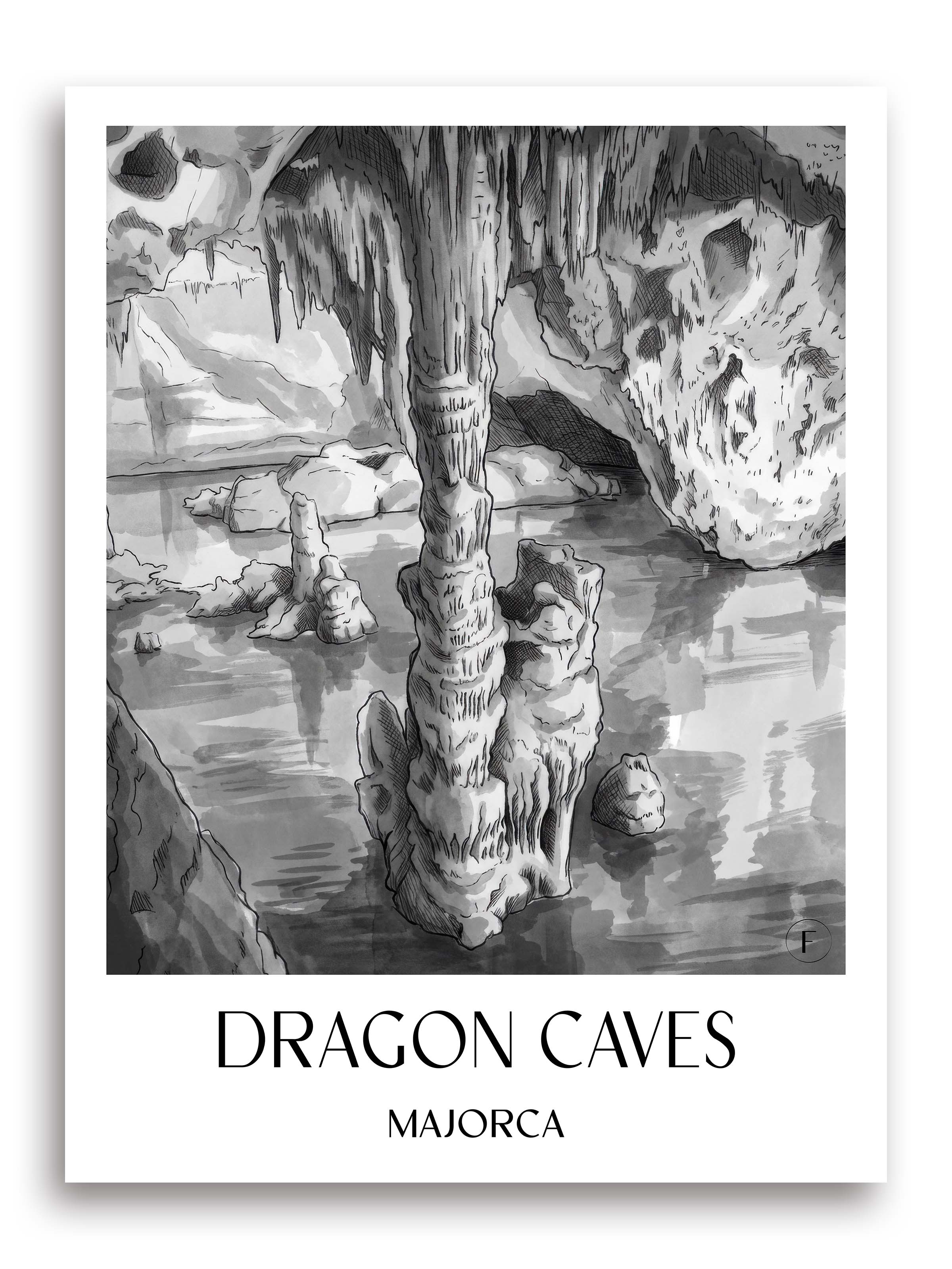 Cuevas del Drach Poster - Mallorca - Spanien Kunstdruck - Aquarell Schwarz-Weiß von A4 bis A1 - favplace